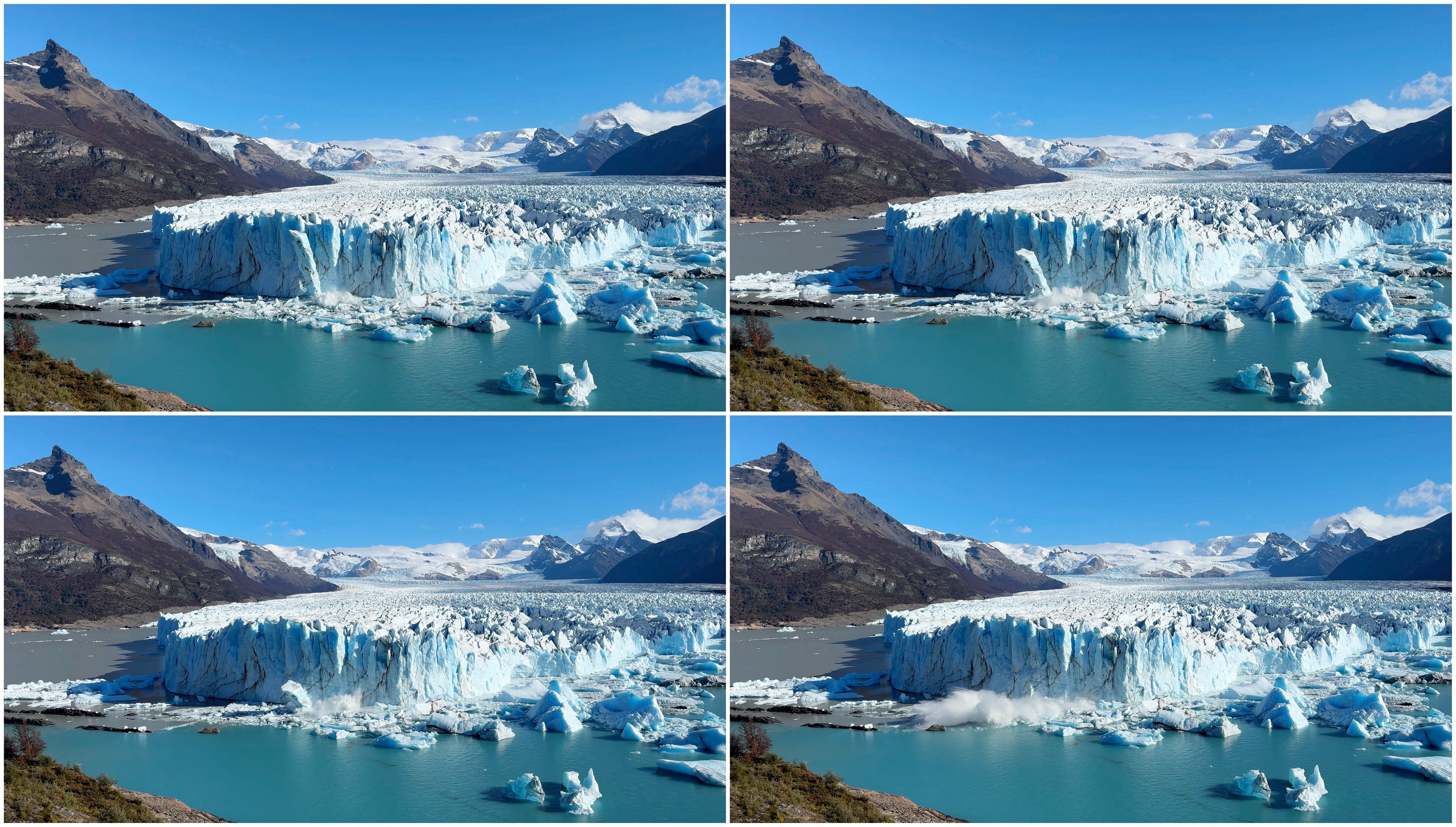 A combination of screengrabs from video shows ice calving off the Perito Moreno glacier into the Lago Argentino (Argentine Lake), in the Parque Nacional Los Glaciares, near the city of El Calafate in the Patagonian province of Santa Cruz, Argentina