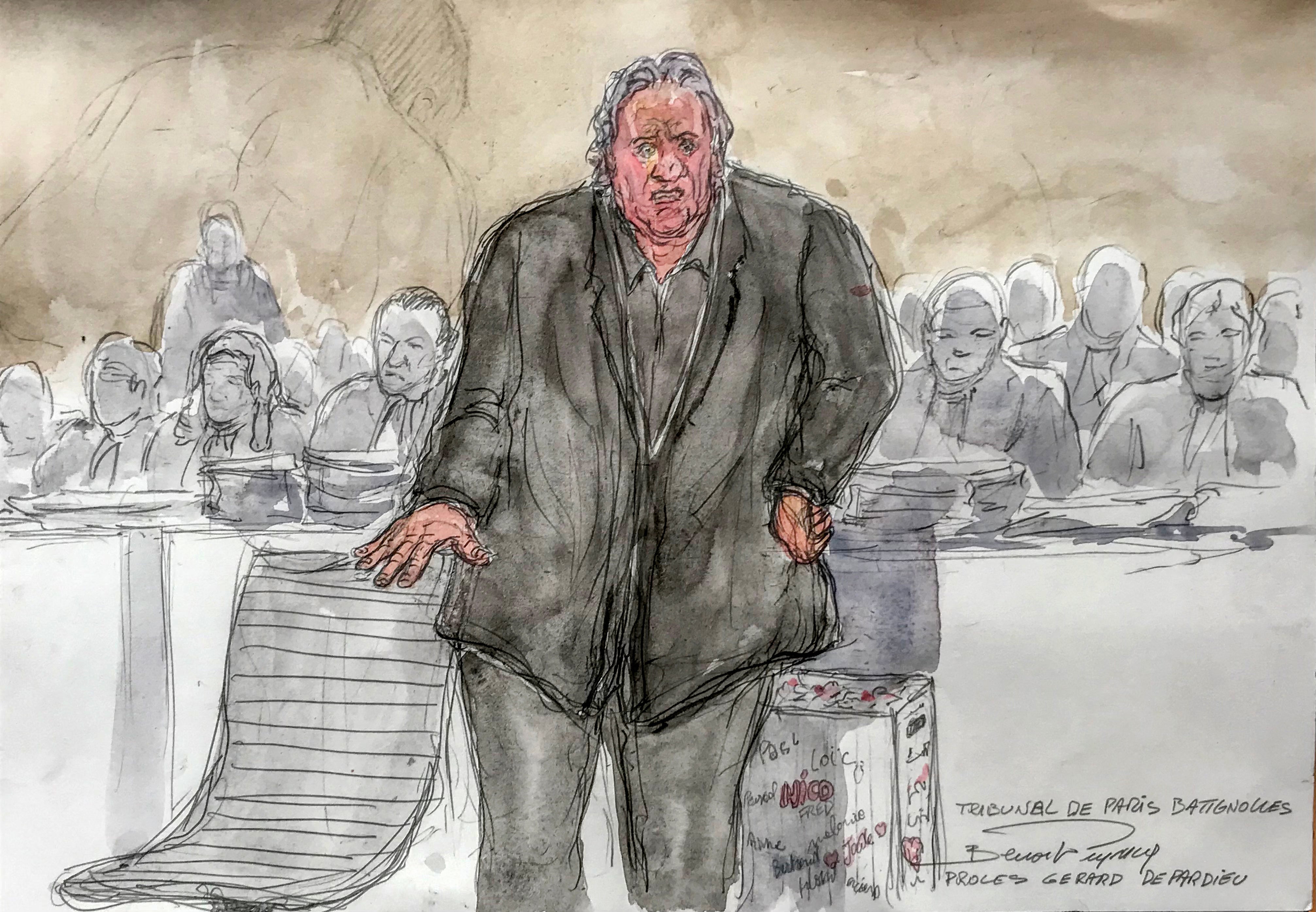 A sketch of French actor Gerard Depardieu during his trial, in which he was found guilty of sexual assault