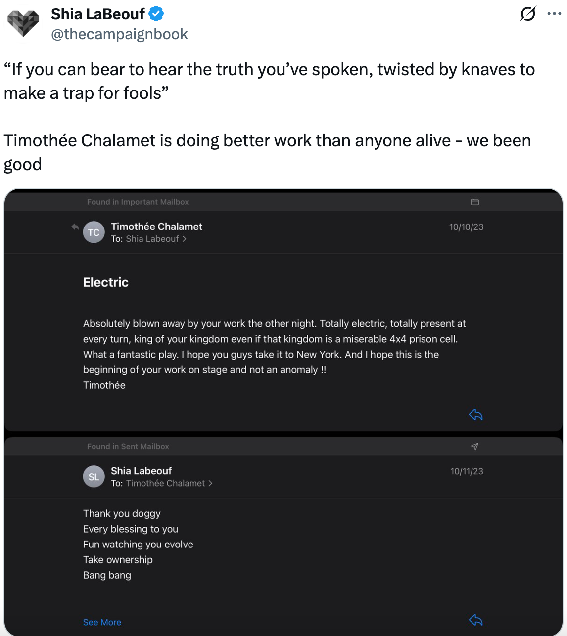 Shia LaBeouf shares screenshots of alleged emails between him and Timothée Chalamet amid feud rumors