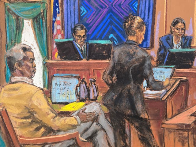<p>A courtroom sketch from Thursday shows defense attorney Anna Estevao cross-examining Cassie Ventura as Sean 'Diddy' Combs watches on</p>
