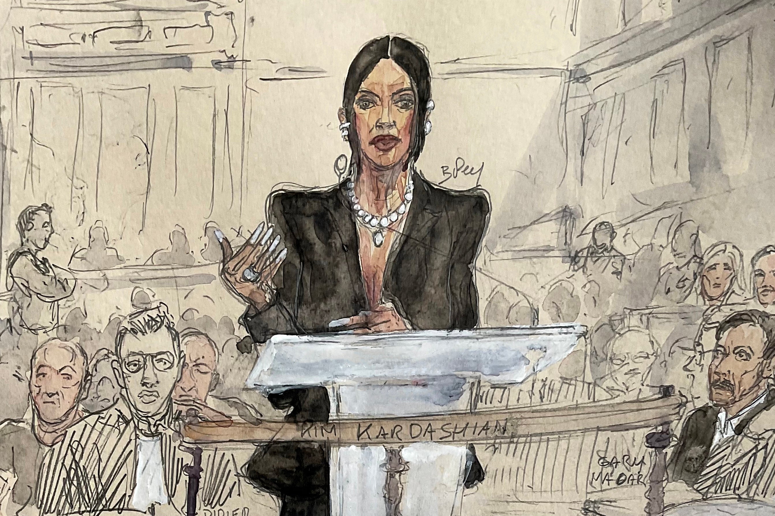 Court sketch of Kardashian providing her testimony