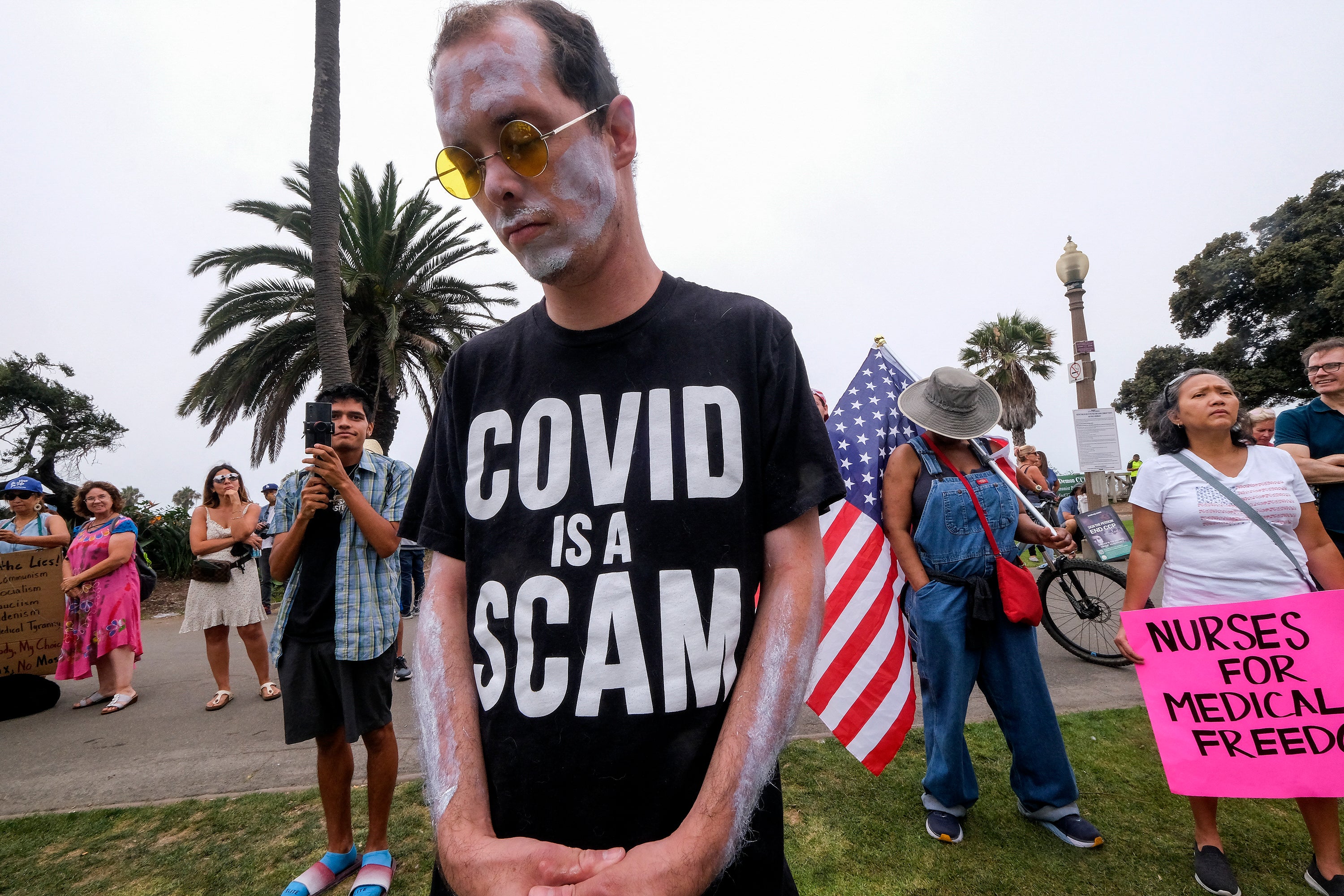 Anti-vaxxers take part in a rally against Covid mandates, in Santa Monica, California, in 2021