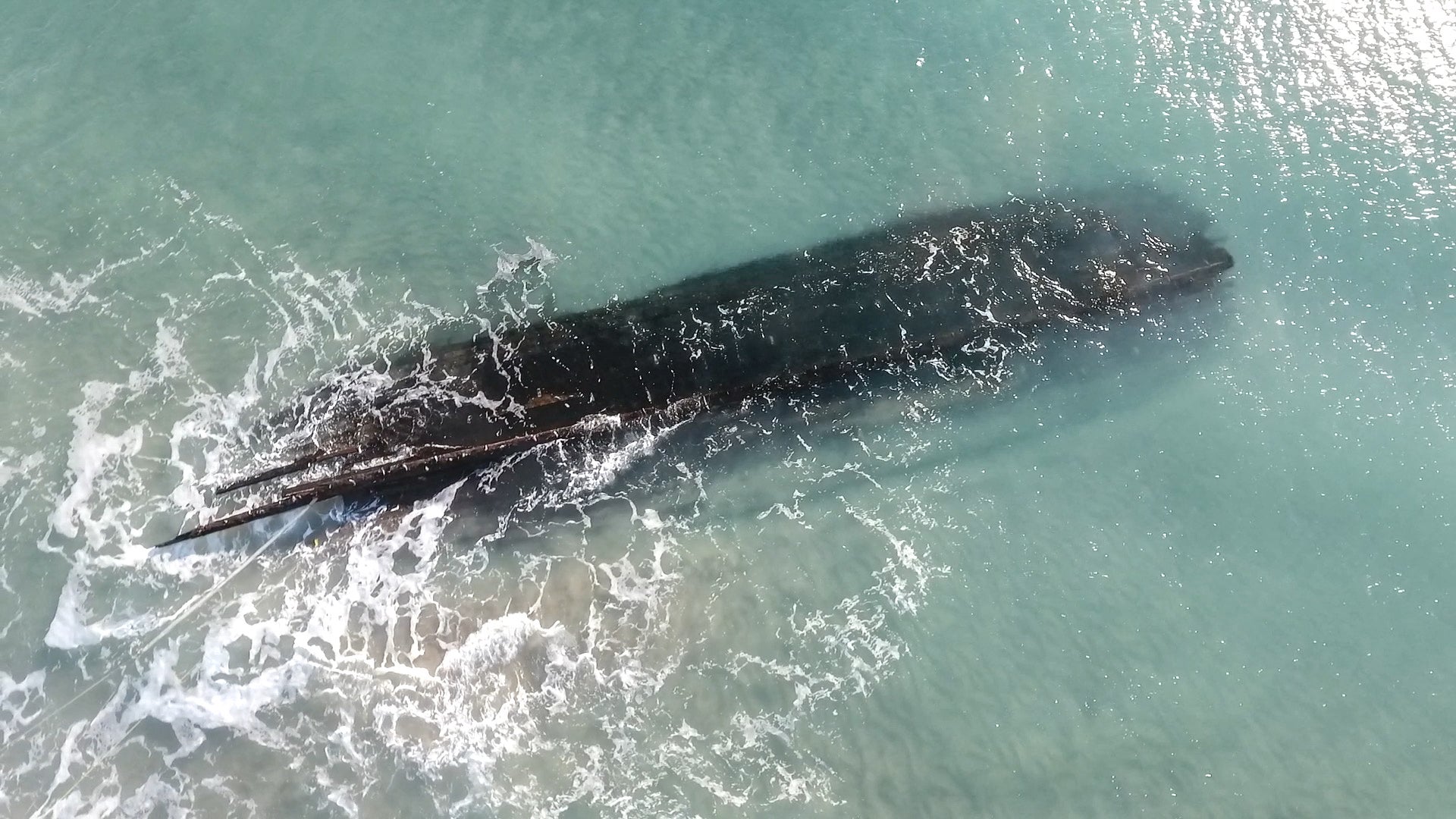 Aerial view of an old shipwreck in Cape Ray, Newfoundland