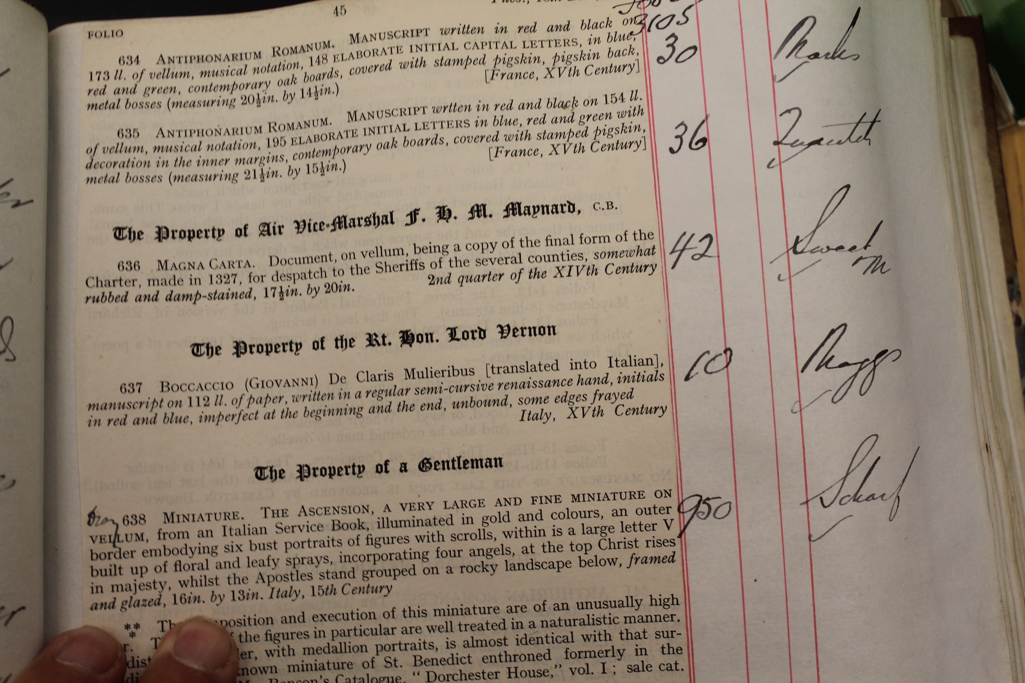 The Sotheby’s auction catalogue listing that wrongly categorises the original issue 1300 Magna Carta as a copy