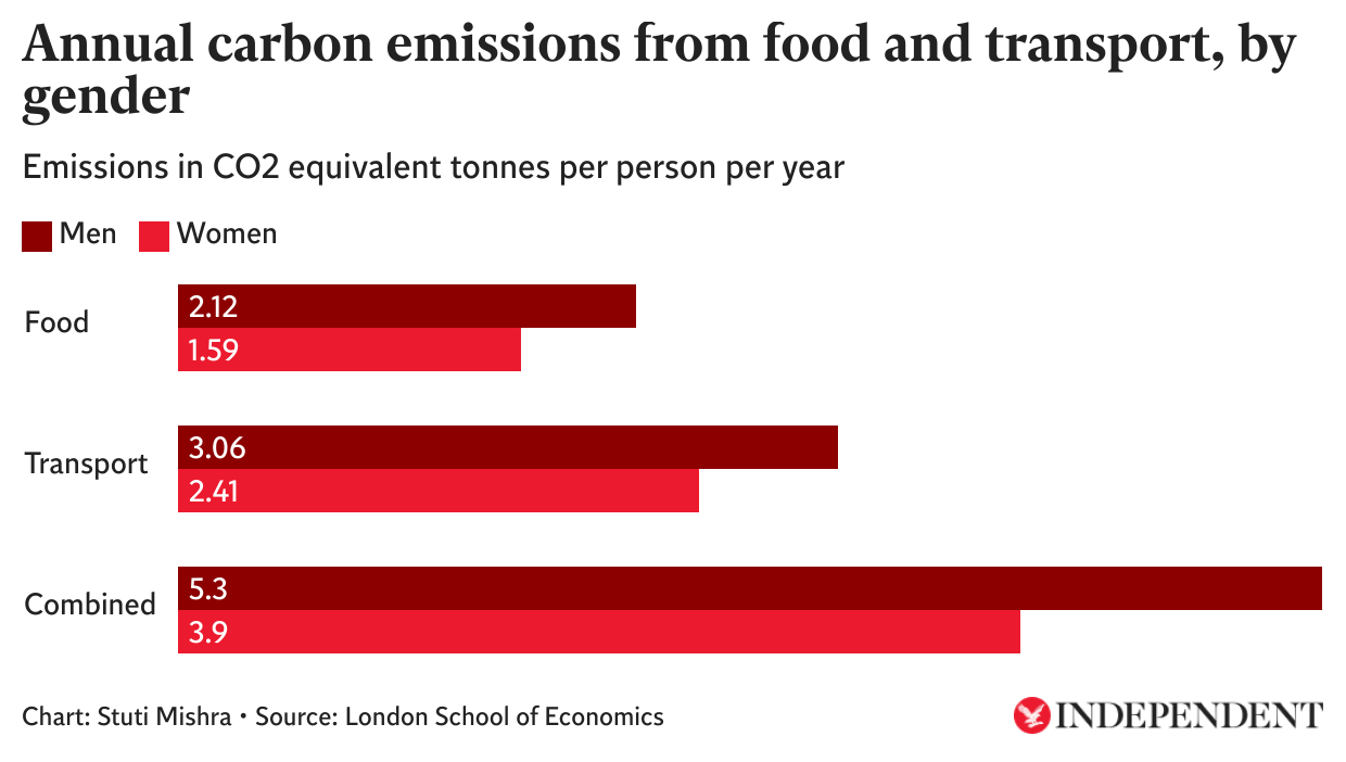 Chart shows annual carbon emissions from food and transport by gender