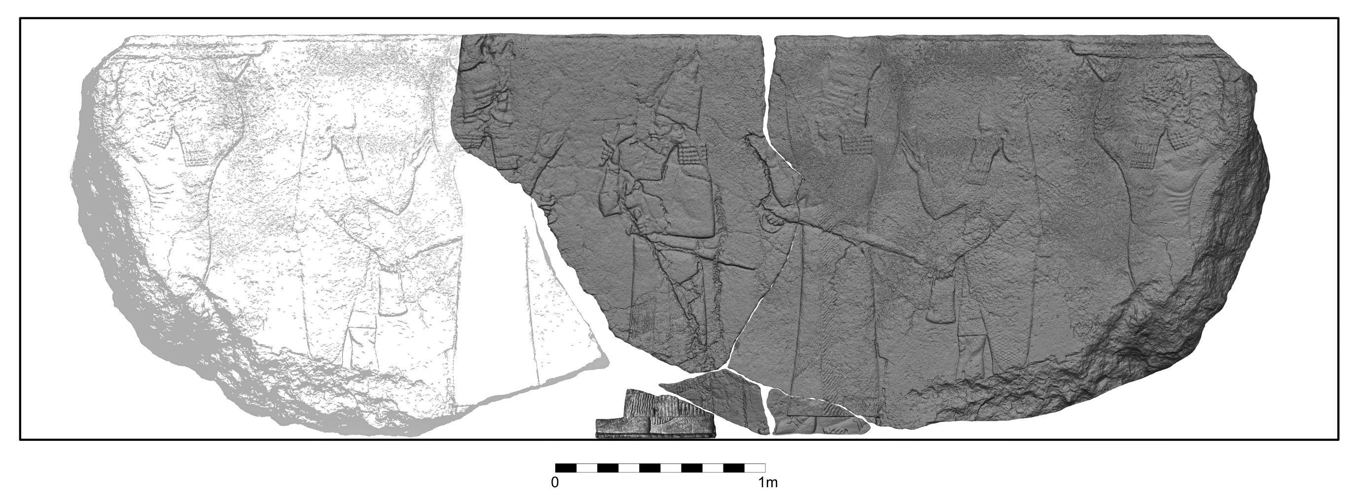 3D model of relief with reconstruction shown in dark