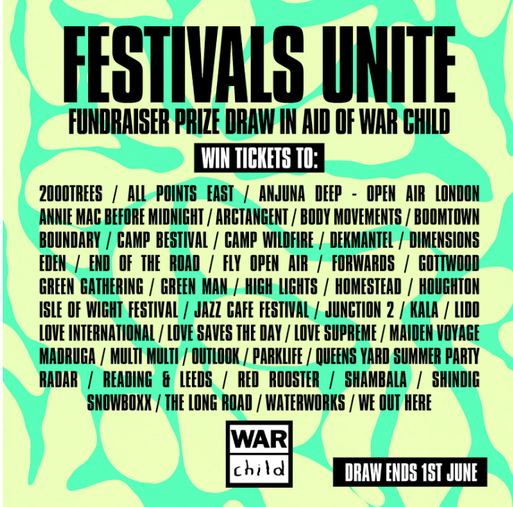 Boomtown, Isle of Wight Festival and Love Saves the Day are among the 46 music festivals uniting to fundraise for War Child