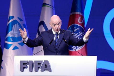 <p>FIFA President Gianni Infantino addresses the FIFA 75th Congress at the Conmebol Convention Center</p>