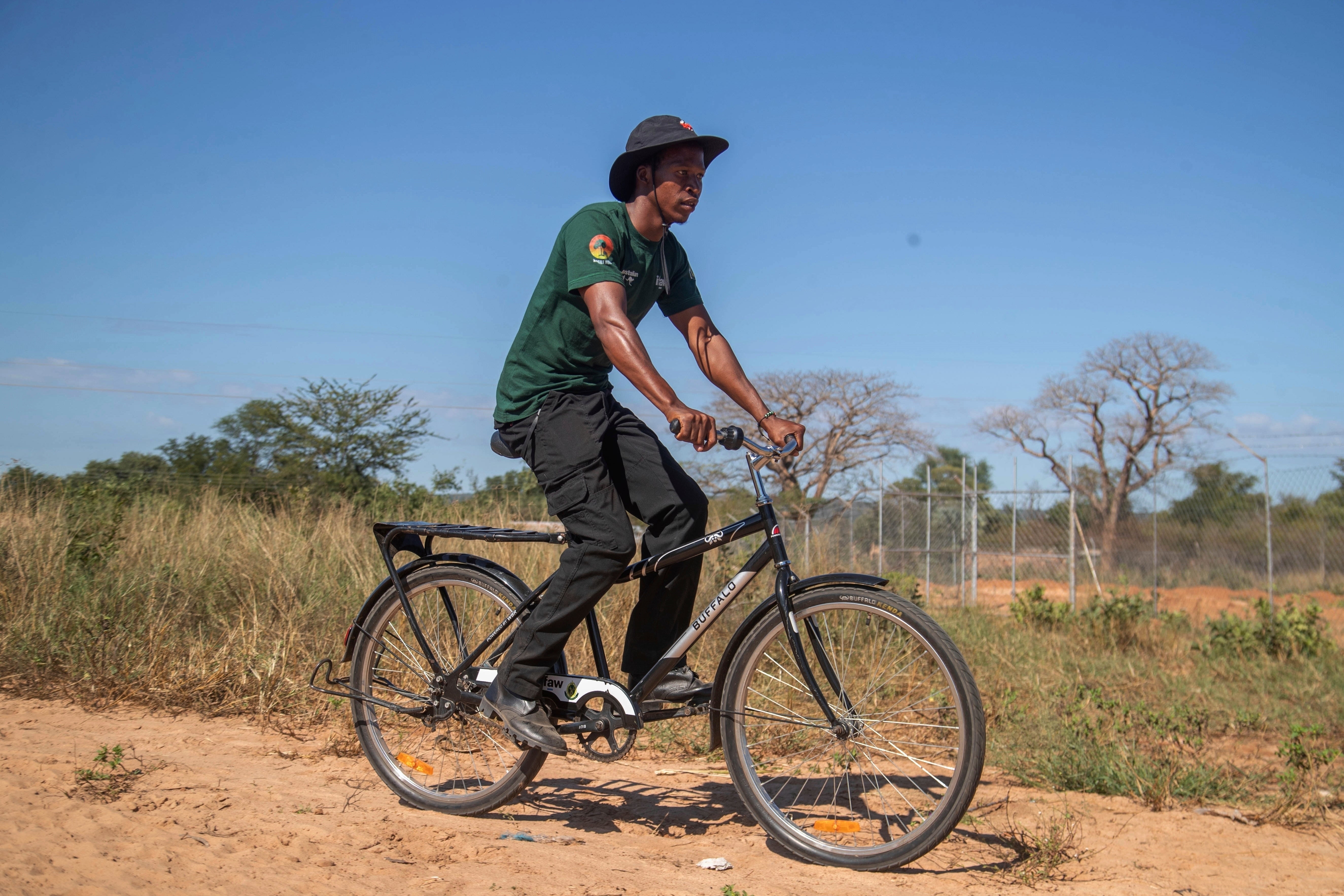 Capon Sibanda, a local volunteer trained to be a community guardian for encounters between people and elephants, rides on a bicycle in Hwange, Zimbabwe, Wednesday, April 30, 2025. (AP Photo/Aaron Ufumeli)