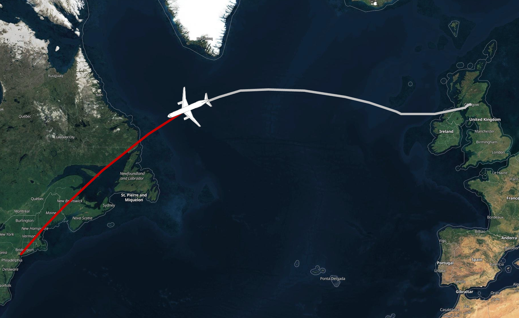 En route: Sky map of Global Airlines' first transatlantic passenger flight