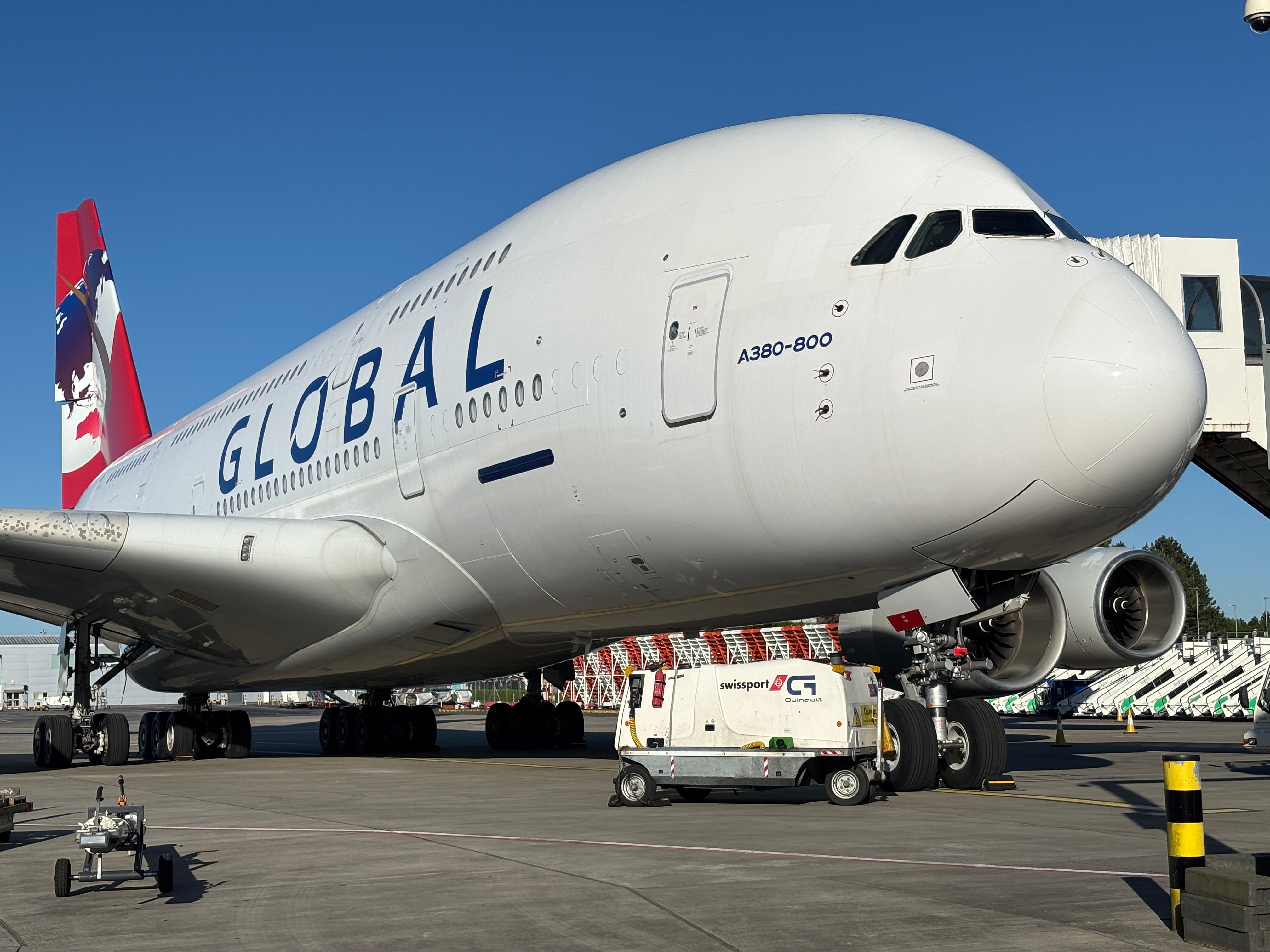 Pre-flight: Global Airlines Airbus A380 at Glasgow airport