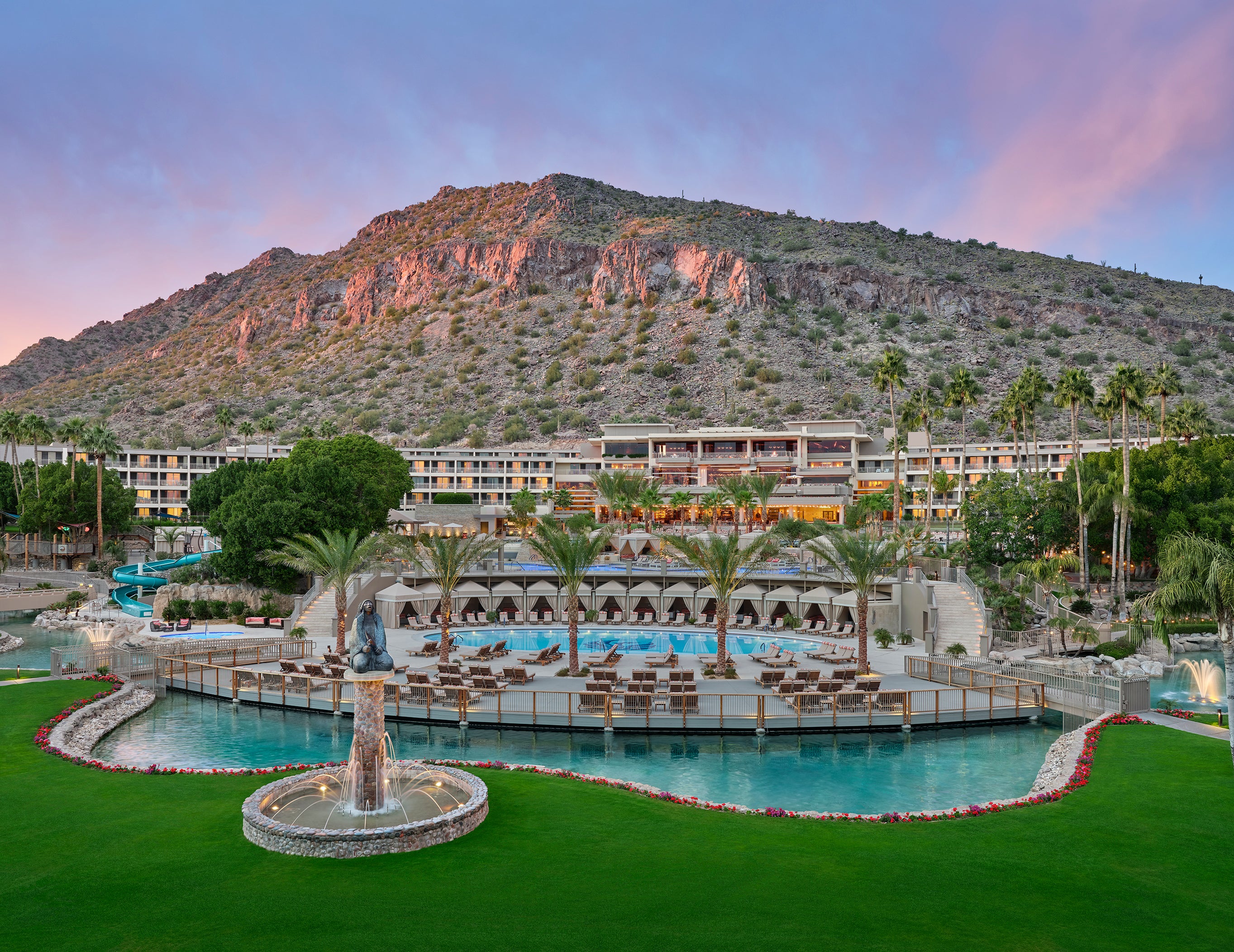 The Phoenician's multi-tiered pool offering, which includes an adult-only pool and a slide