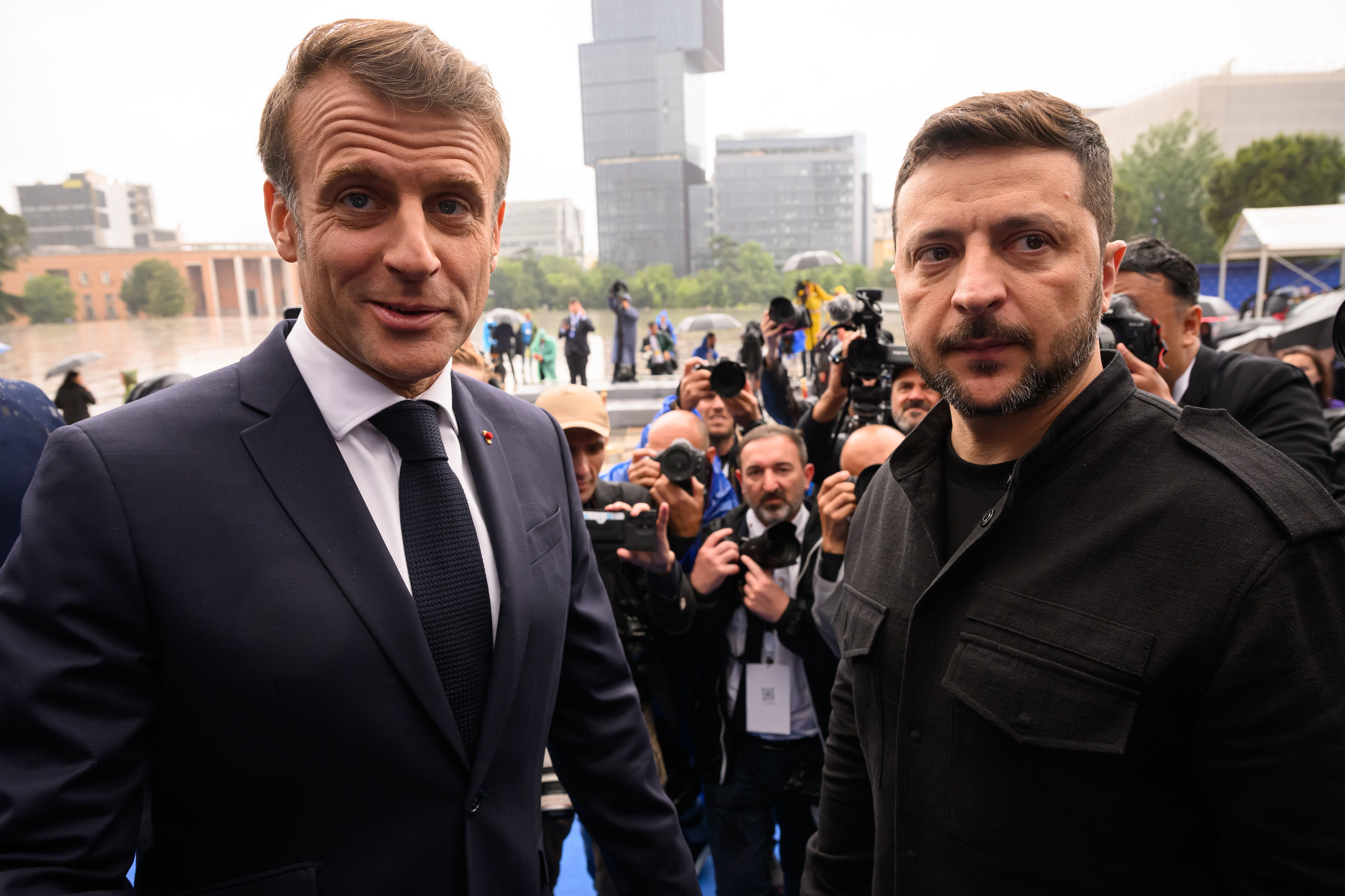 Emmanuel Macron with Volodymyr Zelensky at the European Political Community Summit in Tirana, Albania, on Friday