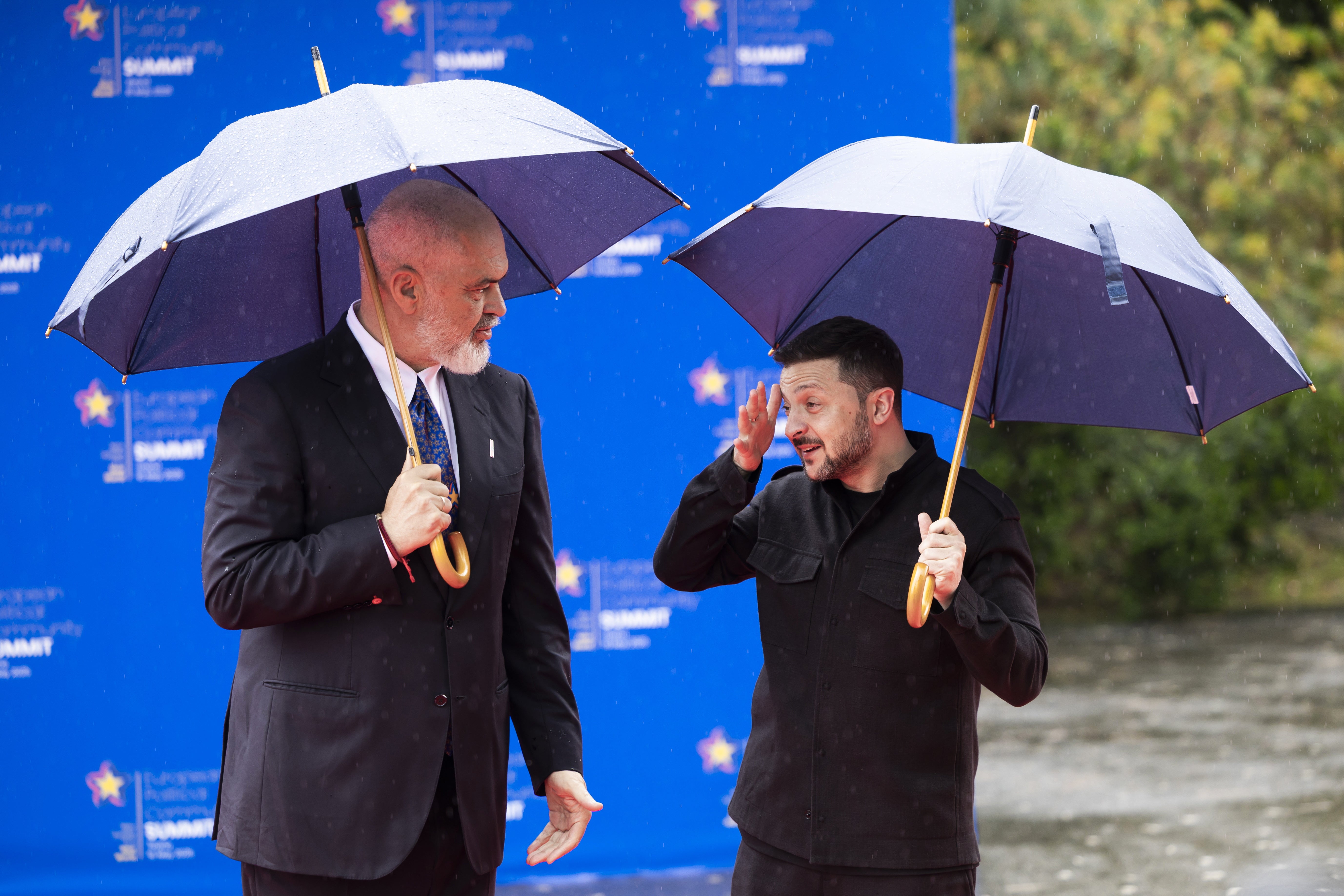 Albania's Prime Minister Edi Rama (L) welcomes Ukraine's President Volodymyr Zelensky at the 6th European Political Community (EPC) Summit in Tirana, Albania, 16 May 2025