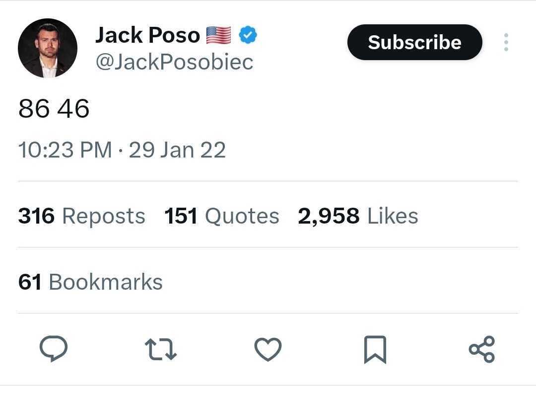 MAGA media figure Jack Posobiec tweeted "8646" in 2022 while Joe Biden was president.