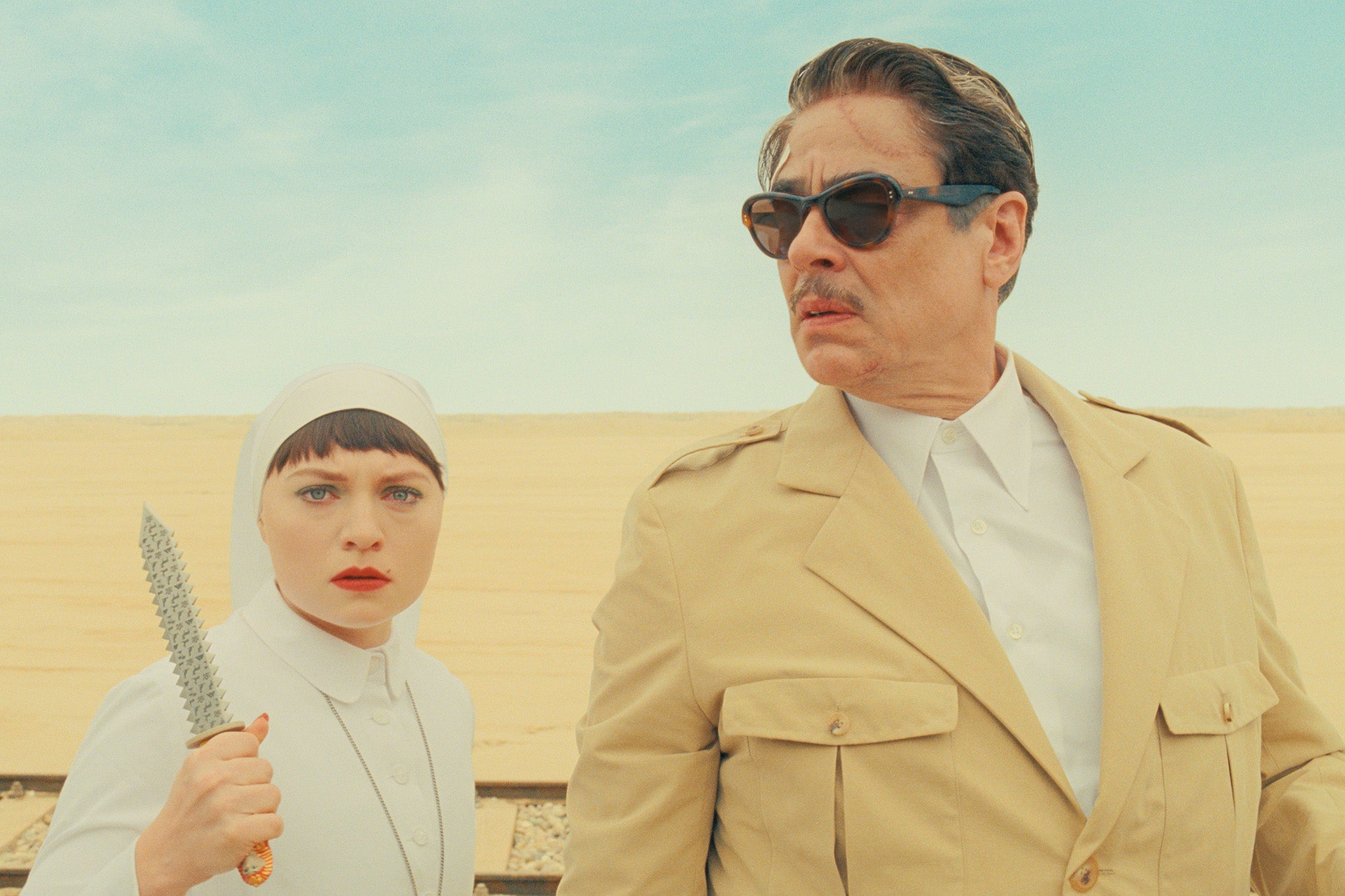 Mia Threapleton and Benicio Del Toro in Wes Anderson’s ‘The Phoenician Scheme’