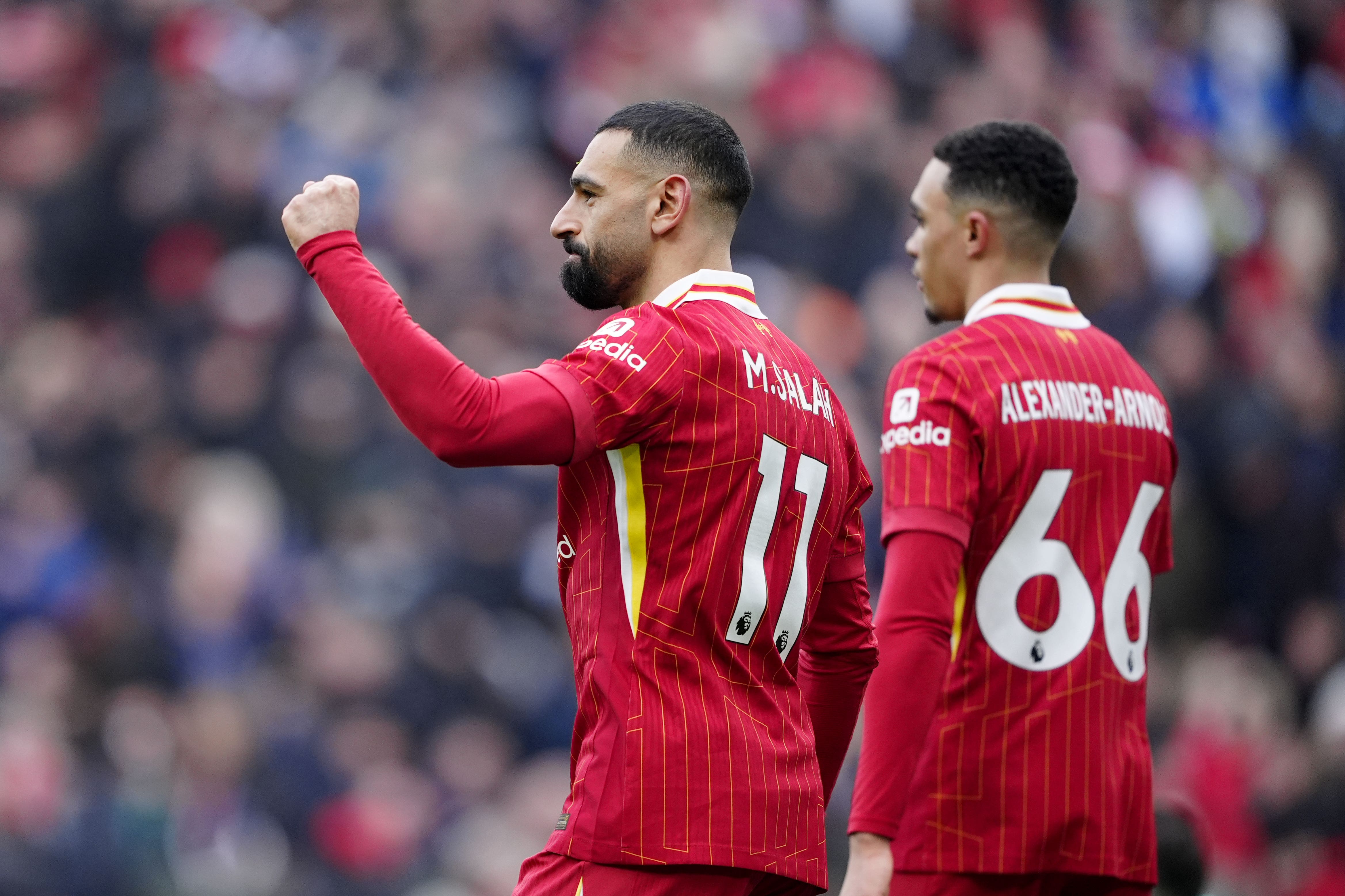 Mohamed Salah, left, and Liverpool team-mate Trent Alexander-Arnold, right, (Peter Byrne/PA)