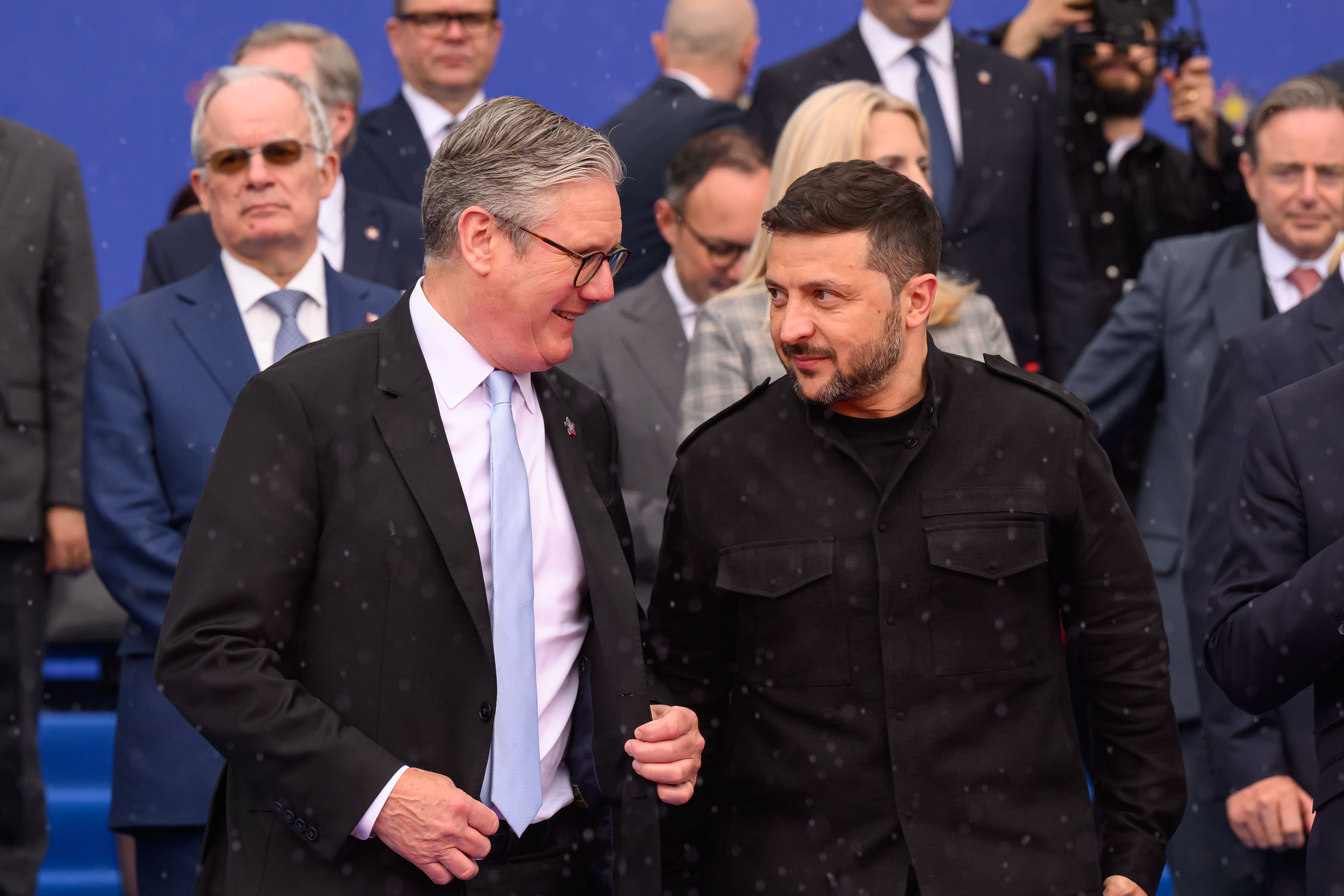 Prime Minister Sir Keir Starmer and Ukraine President Volodymyr Zelensky speak during the family photo at the European Political Community Summit in Tirana, Albania (Leon Neal/PA)