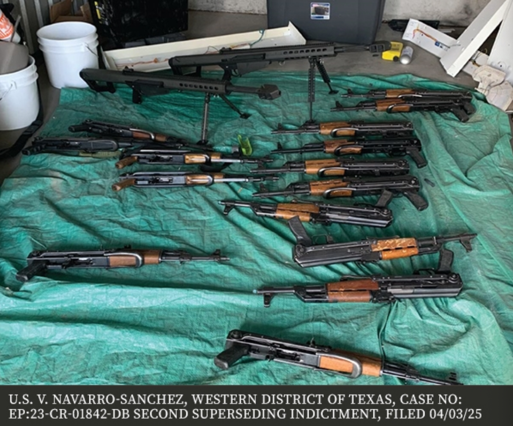 A number of AK-47 assault rifles and two .50 caliber rifles seized by the U.S. law enforcement in 2023 relating to the Department of Justice's case against Maria Del Rosario Navarro-Sanchez, 39, of Mexico. Navarro-Sanchez is the first person indicted under the U.S.'s new charges aimed at individuals accused of providing material aid to terrorist organizations