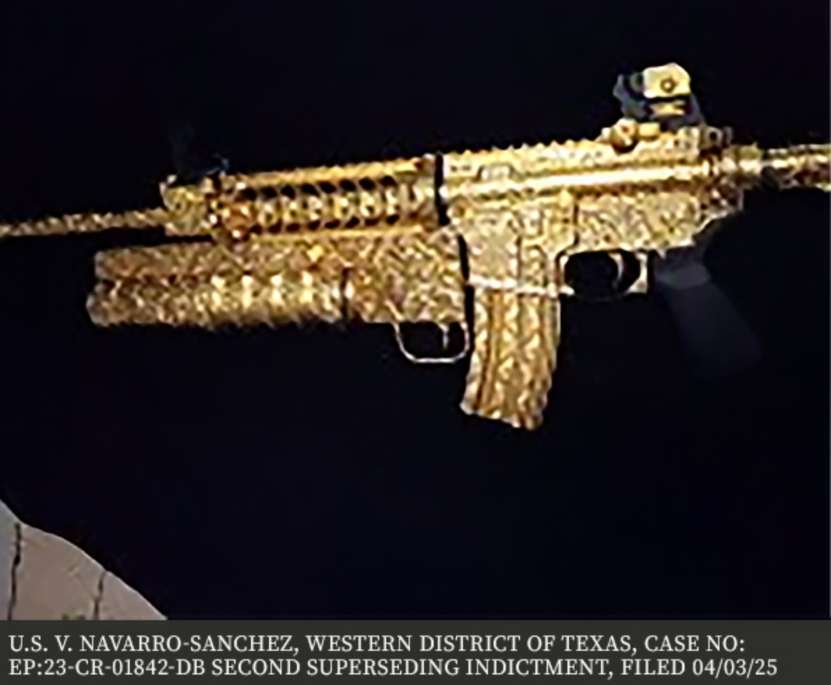 A gold colored AM-15 — a variant of the AR-15 assault rifle dubbed "El Dorado" — found in the possession of Maria Del Rosario Navarro-Sanchez, 39, during her arrest in Mexico on May 4, 2025