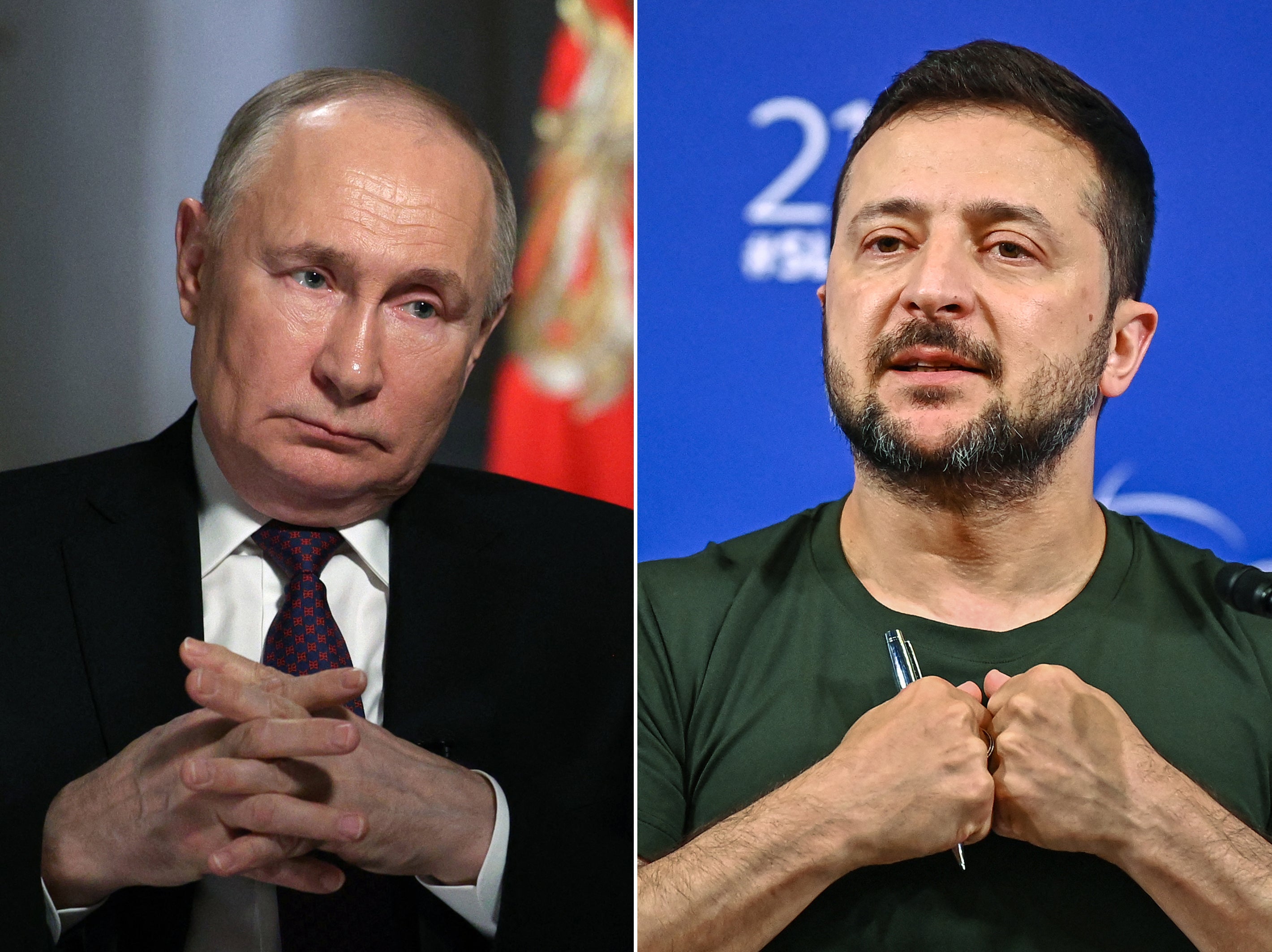 Combination picture of Russian president Vladimir Putin and Ukraine's president Volodymyr Zelensky