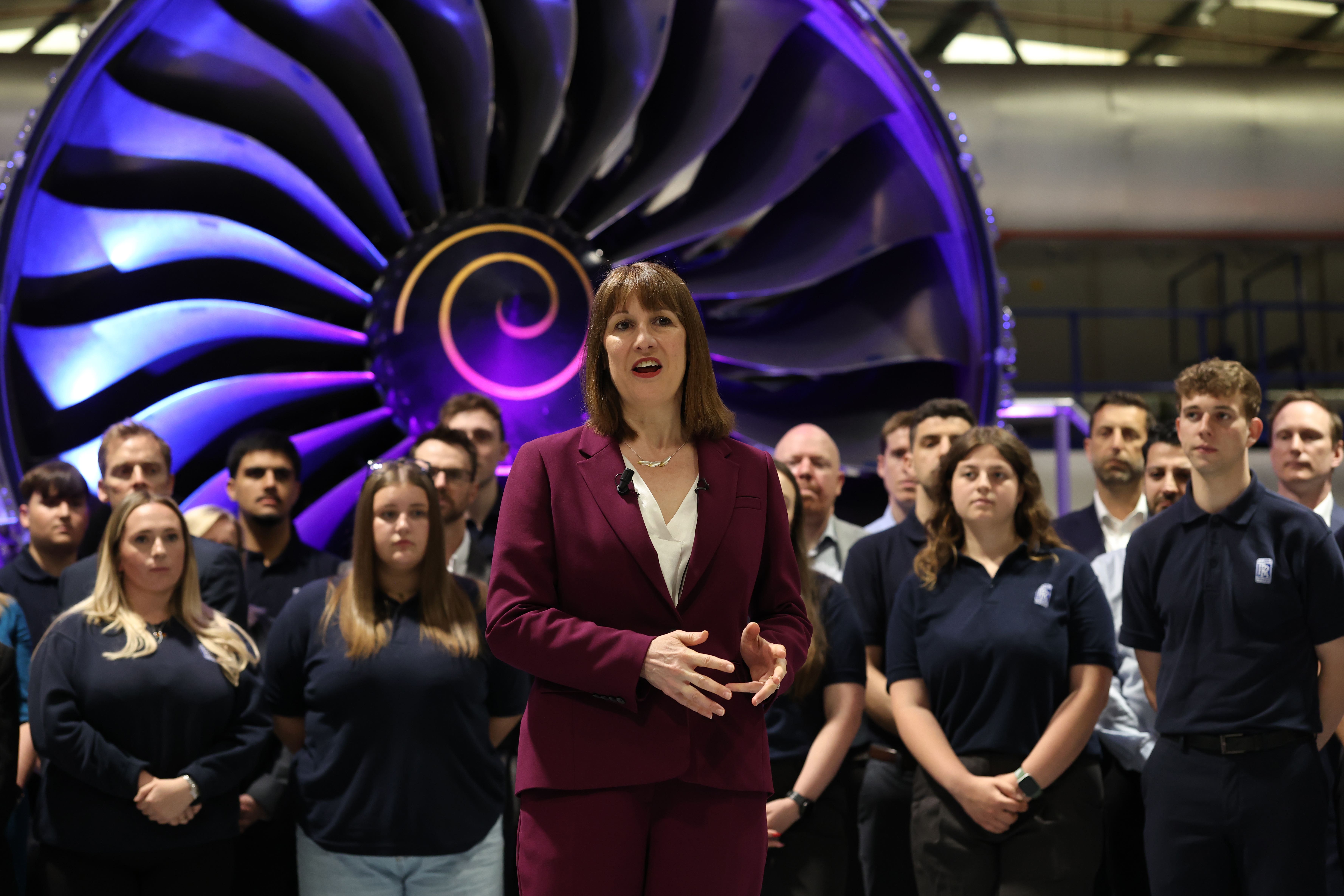 Chancellor of the Exchequer Rachel Reeves speaks with the media at the Rolls-Royce factory in Derby. (Darren Staples/PA)