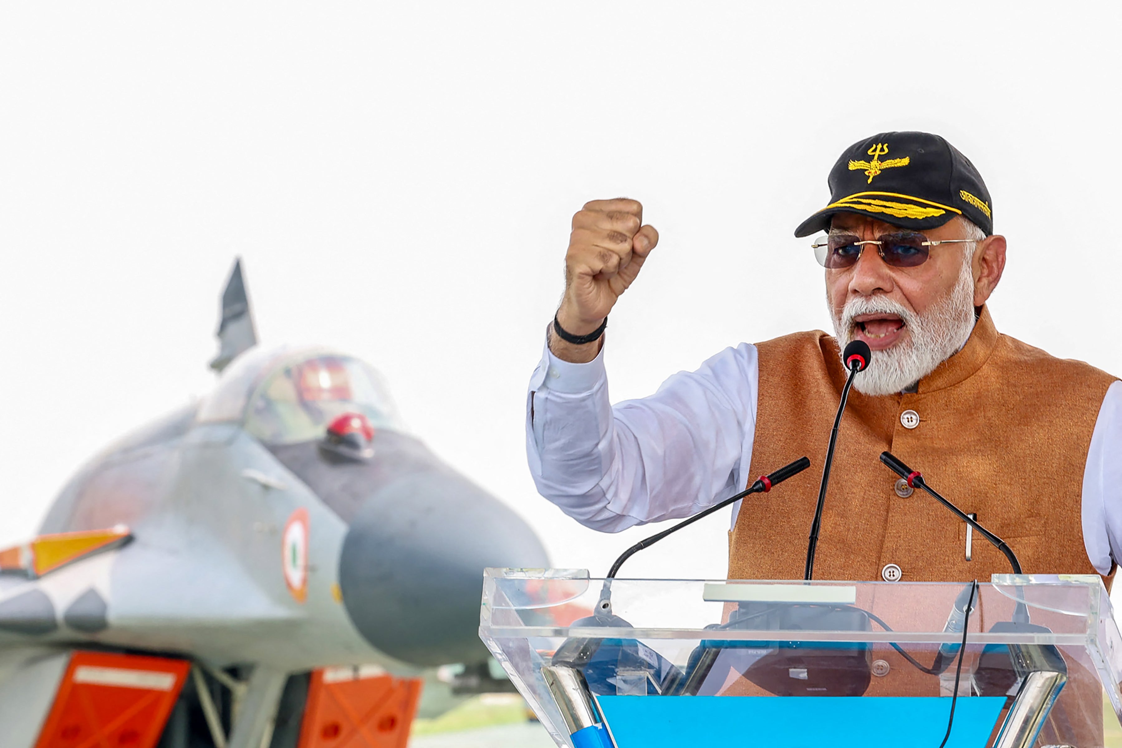 India's Prime Minister Narendra Modi addressing armed force personnel during his visit to Adampur Airforce Base in India's state of Punjab