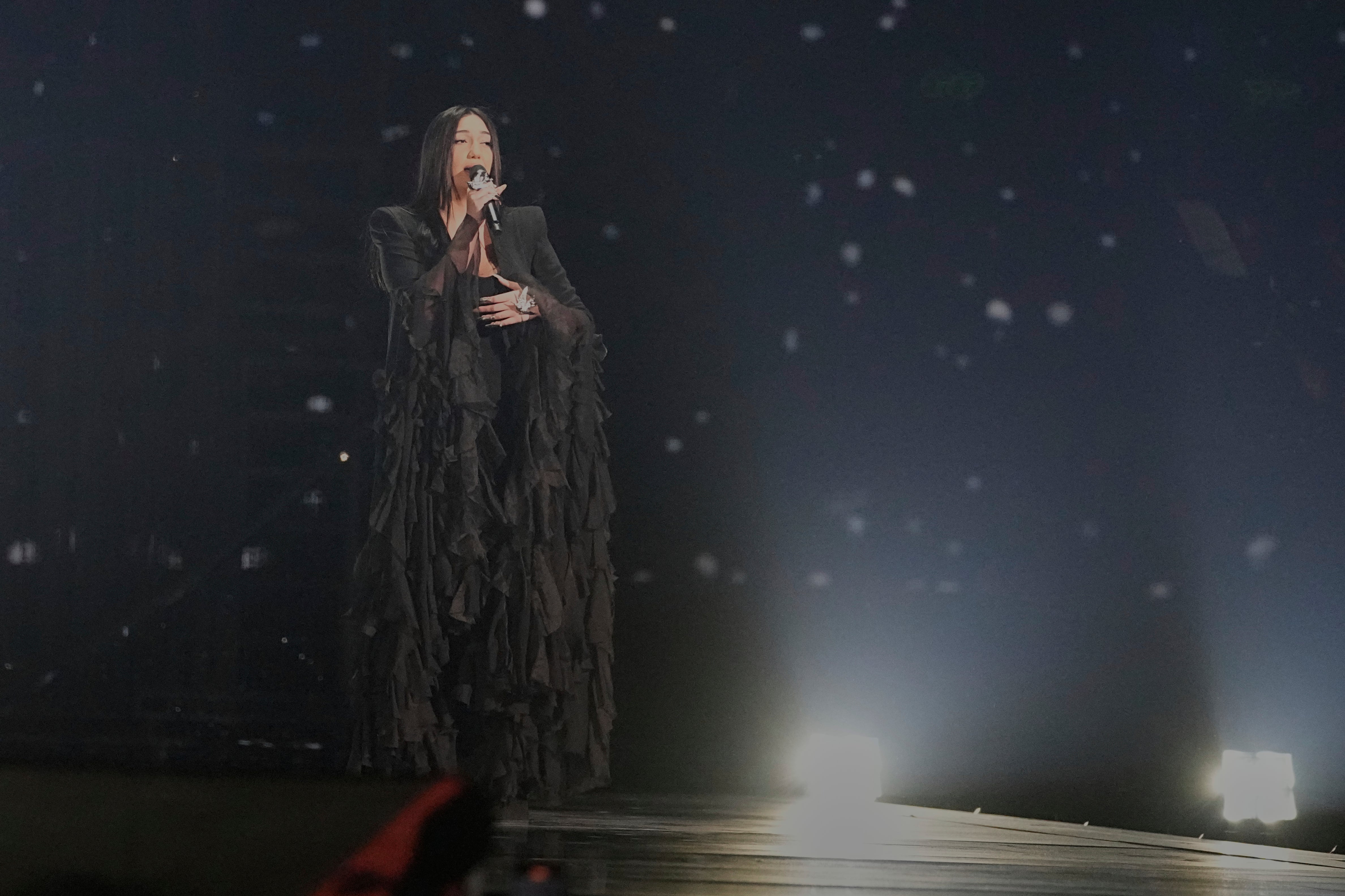 Yuval Raphael from Israel performs the song "New Day Will Rise" during the Grand Final of the 69th Eurovision Song Contest, in Basel, Switzerland, Saturday, May 17, 2025. (AP Photo/Martin Meissner)