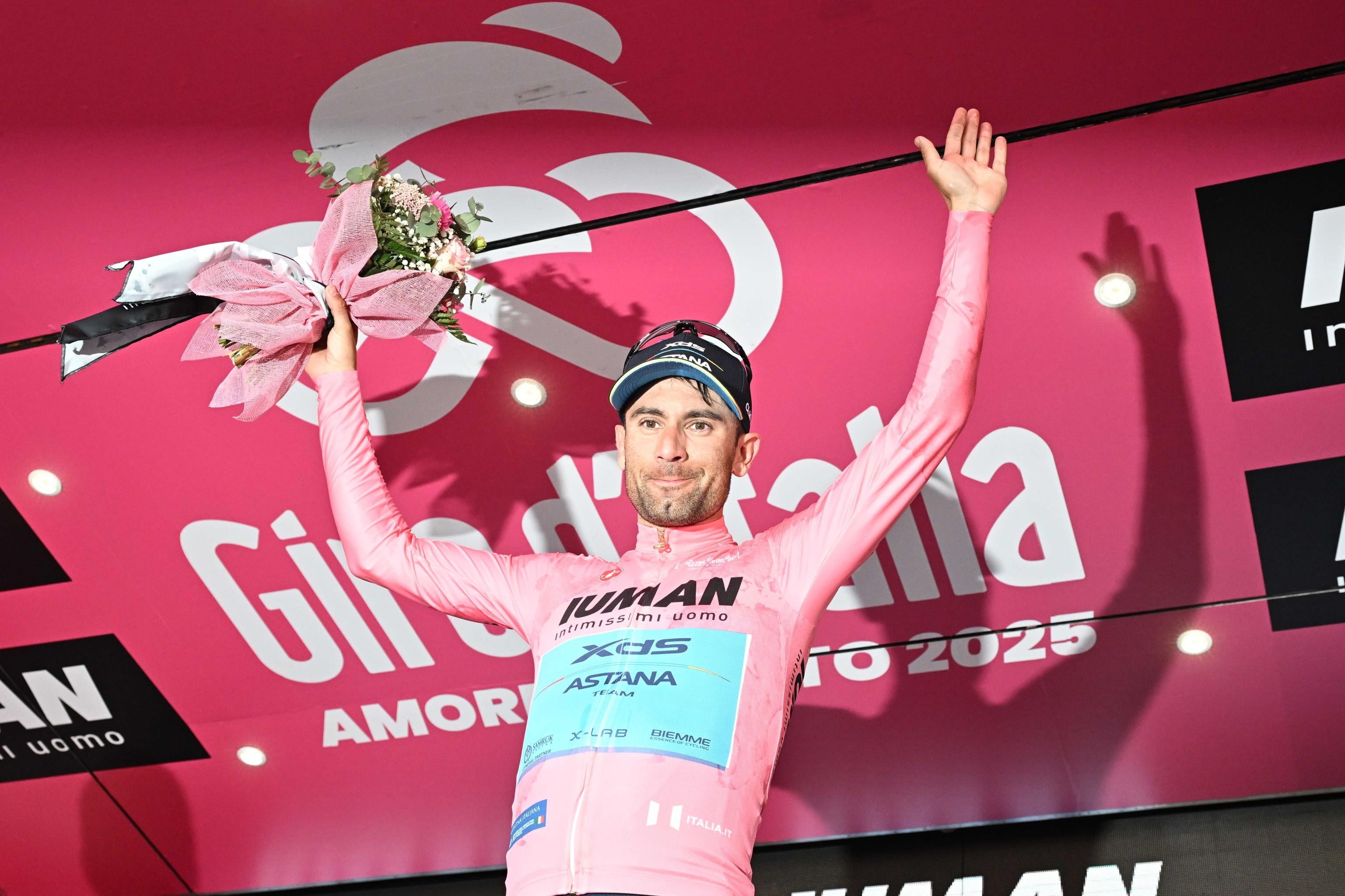 Italian rider Diego Ulissi of Xds Astana Team wearing the overall leader's pink jersey