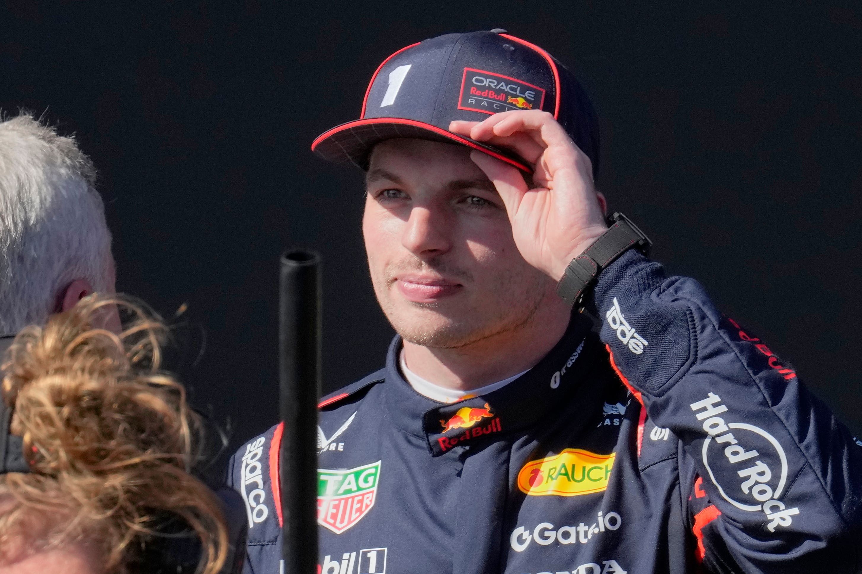 Max Verstappen celebrates after winning the Emilia Romagna Grand Prix (Luca Bruno/AP)