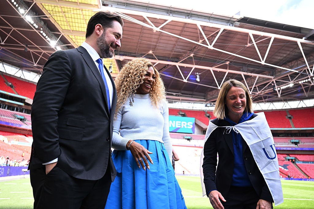 Alexis Ohanian, Serena Williams and Sonia Bompastor celebrate Chelsea's victory in the Women's FA Cup final