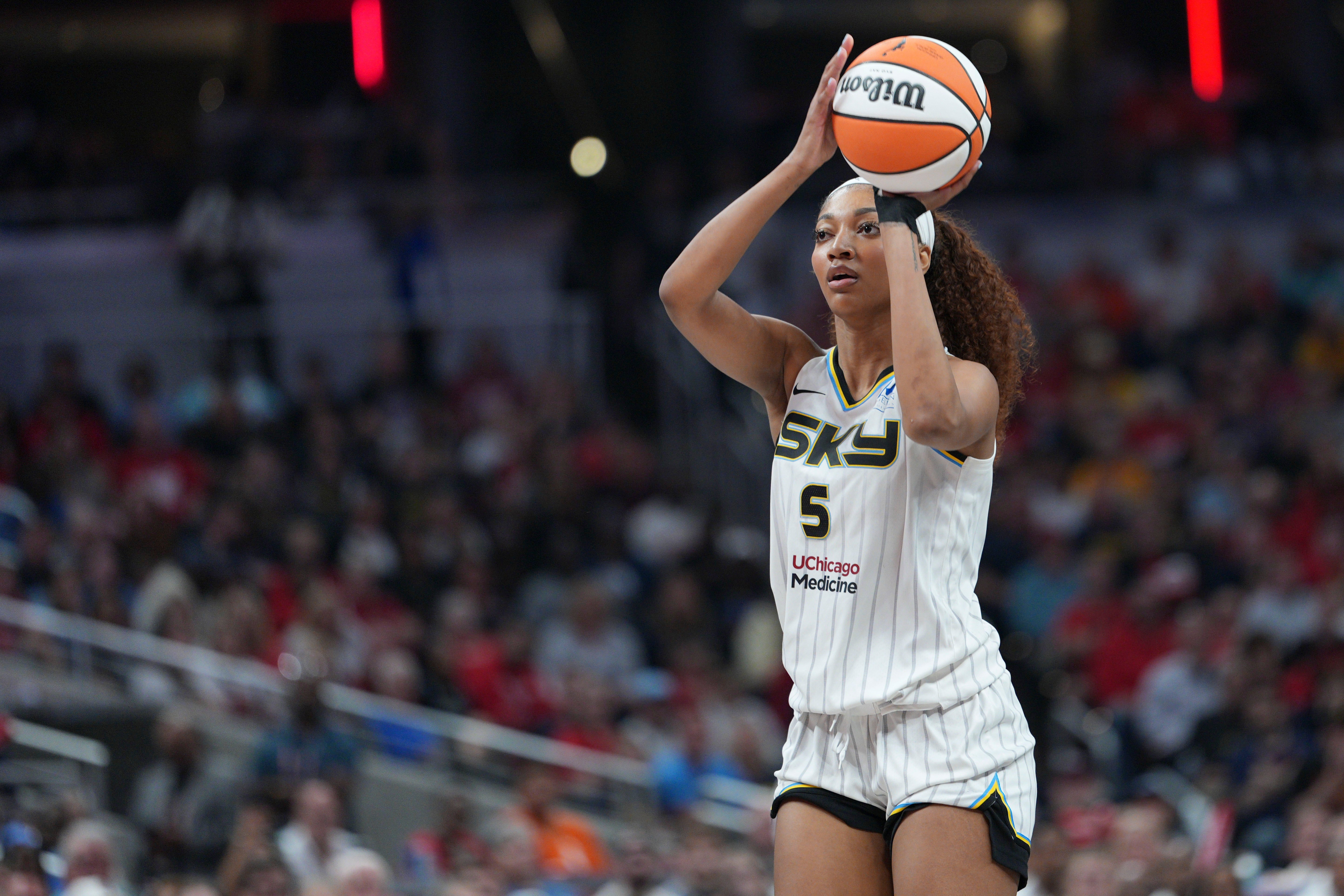 Chicago Sky forward Angel Reese shoots during a WNBA basketball game against the Indiana Fever in Indianapolis