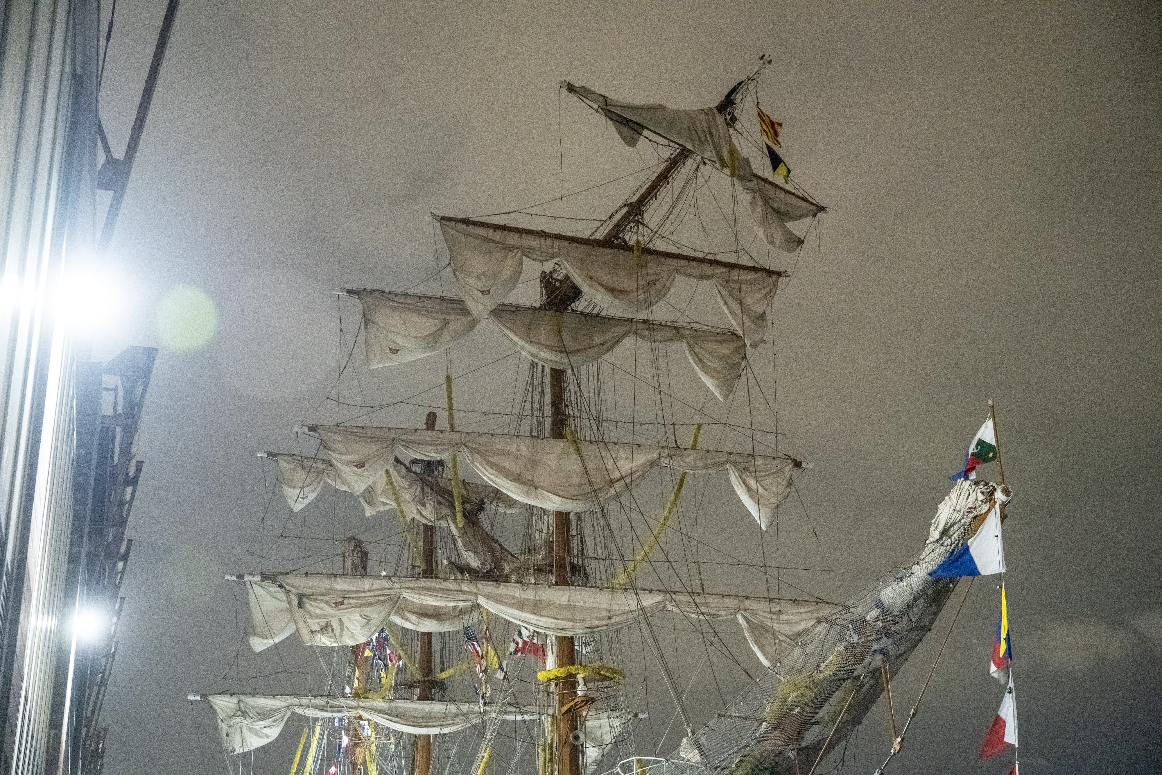 A disabled Mexican Navy tall ship floats off Pier 35 on the Manhattan side of the East River on May 17, 2025 in New York City