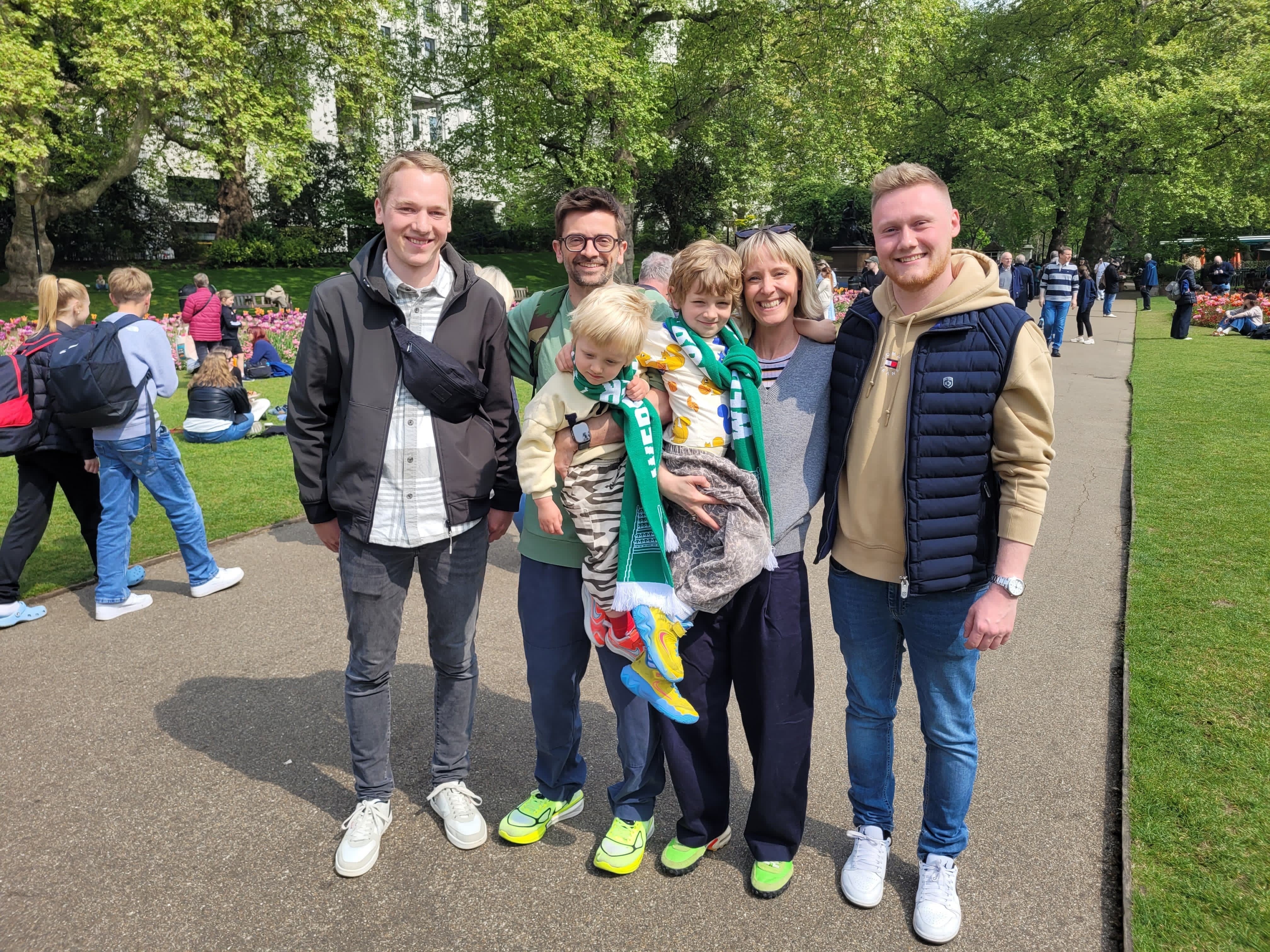 Kate Greenstock and James Reeve with their sons Otis and Nelson, and the two German donors whose stem cells saved their sons’ lives, Domenik and Julian
