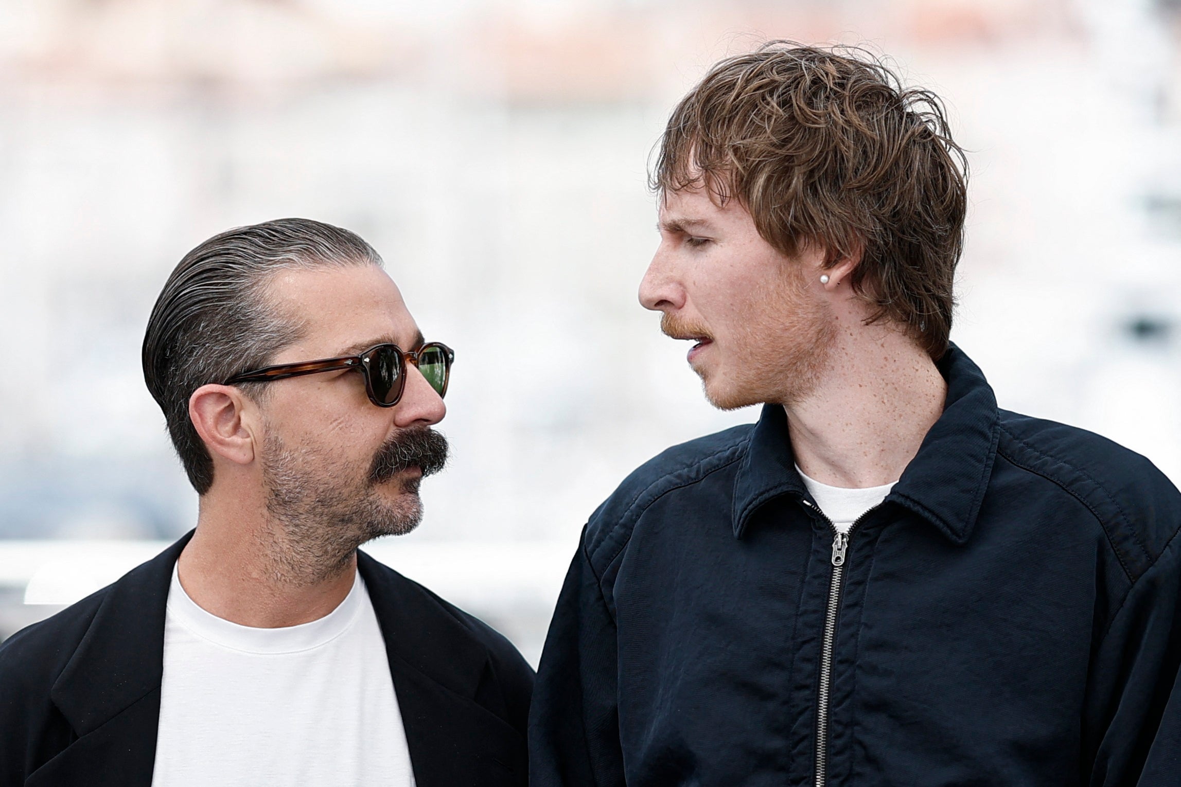 Director Leo Lewis O'Neil and Shia LaBeouf pose during a photocall for the documentary film "Slauson Rec" at the 78th Cannes Film Festival