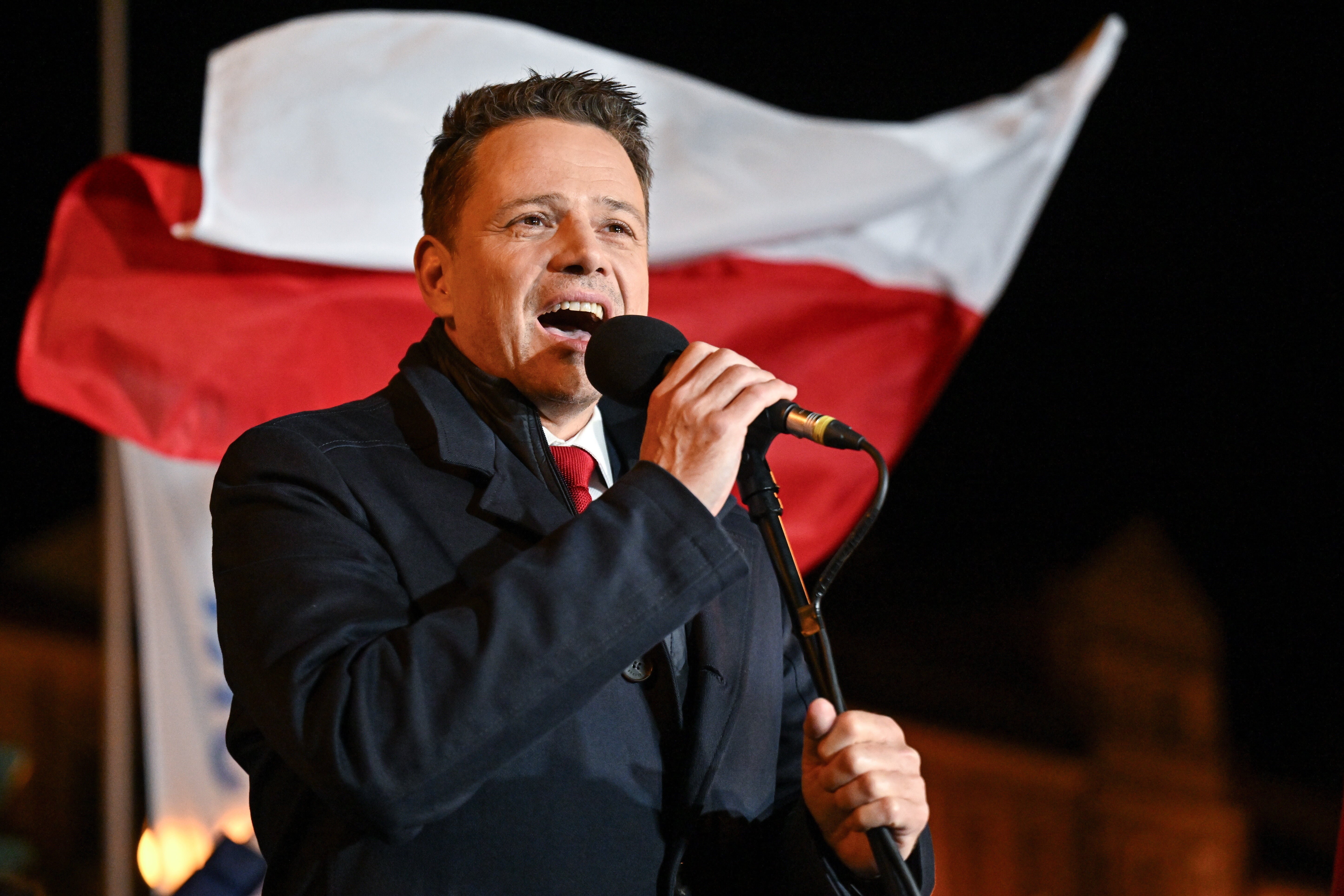 Rafal Trzaskowski, mayor of Warsaw and Civic Coalition (KO) candidate for the Polish presidential election, on the campaign trail in Tarnobrzeg