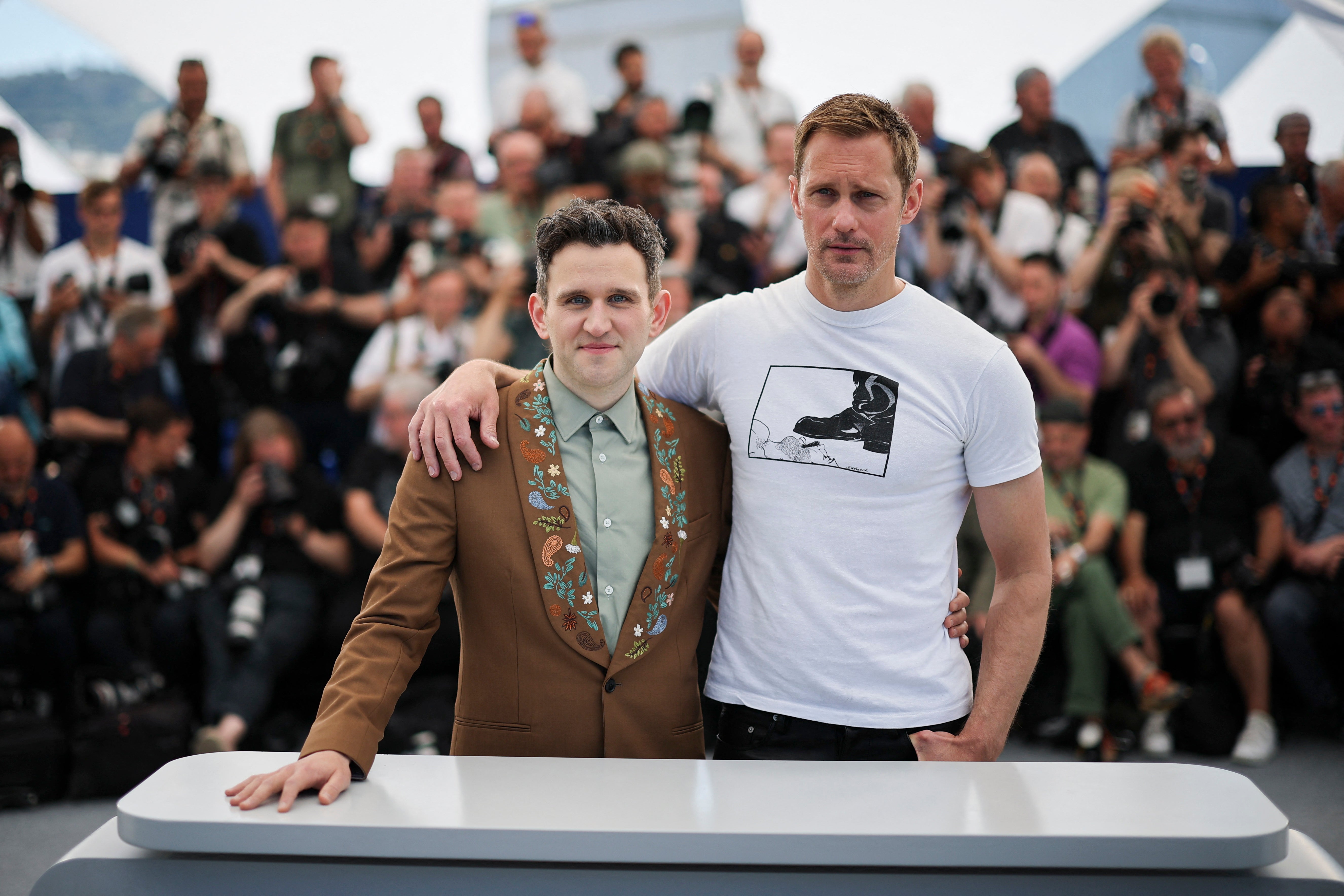 Cast members Alexander Skarsgard and Harry Melling pose during a photocall for the film "Pillion" at the 78th Cannes Film Festival