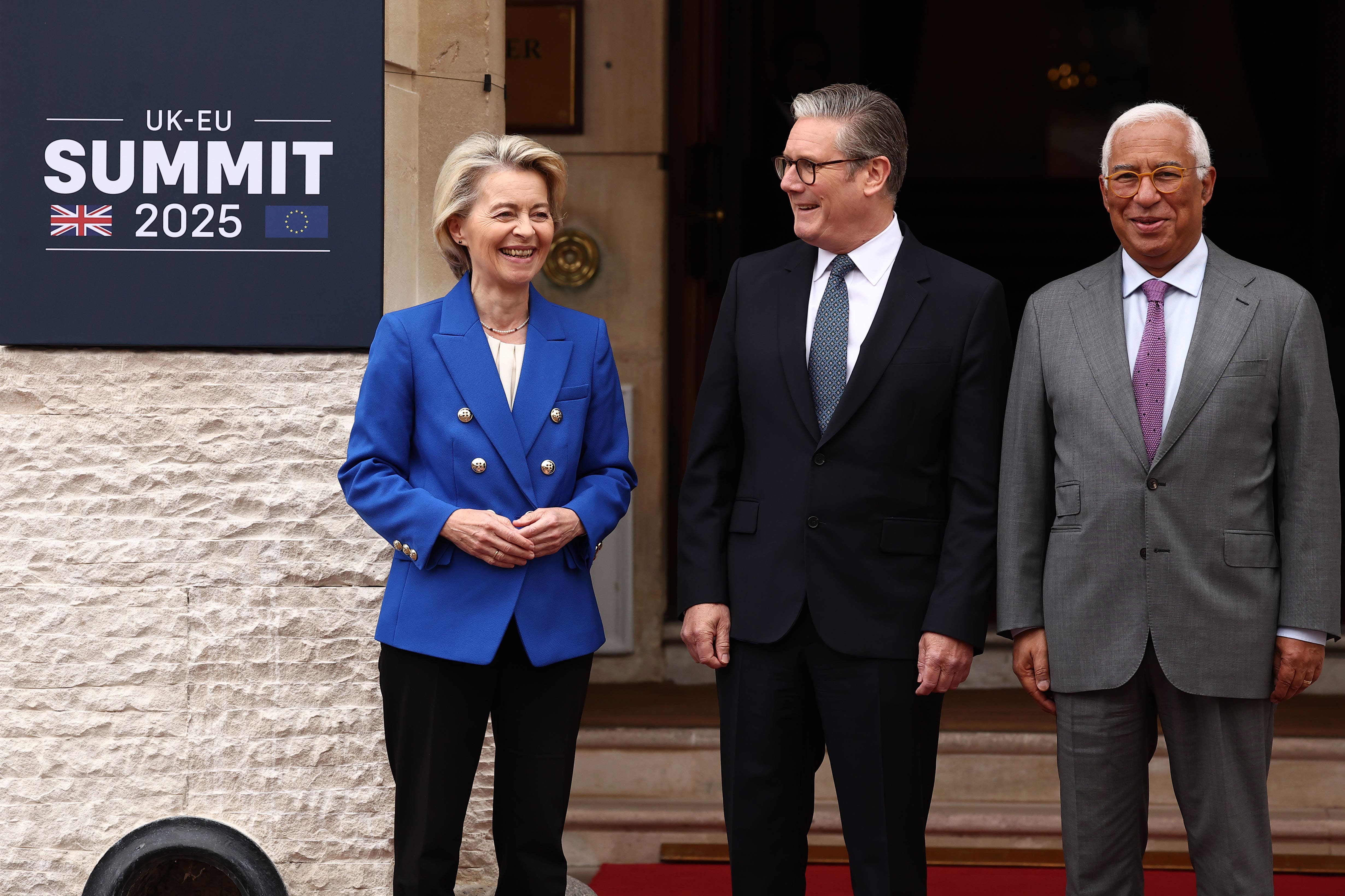 Prime Minister Sir Keir Starmer with European Commission president Ursula von der Leyen and European Council president Antonio Costa ahead of the UK-EU Summit at Lancaster House in central London (Henry Nicholls/PA)