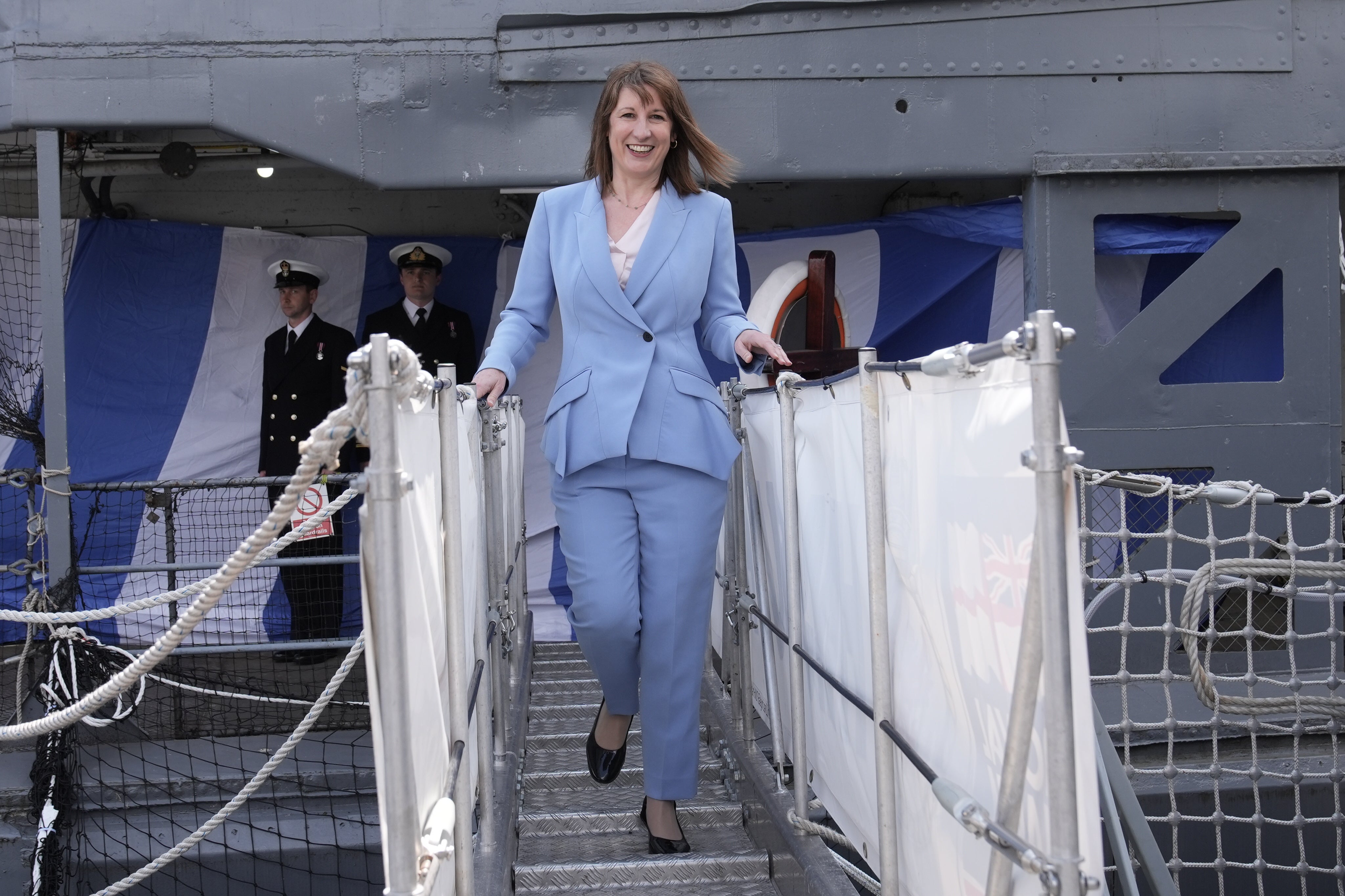 Chancellor Rachel Reeves dispensed with her dark trouser suit worn for cutting benefits in favour of a sky-blue jacket signalling sunshine and optimism