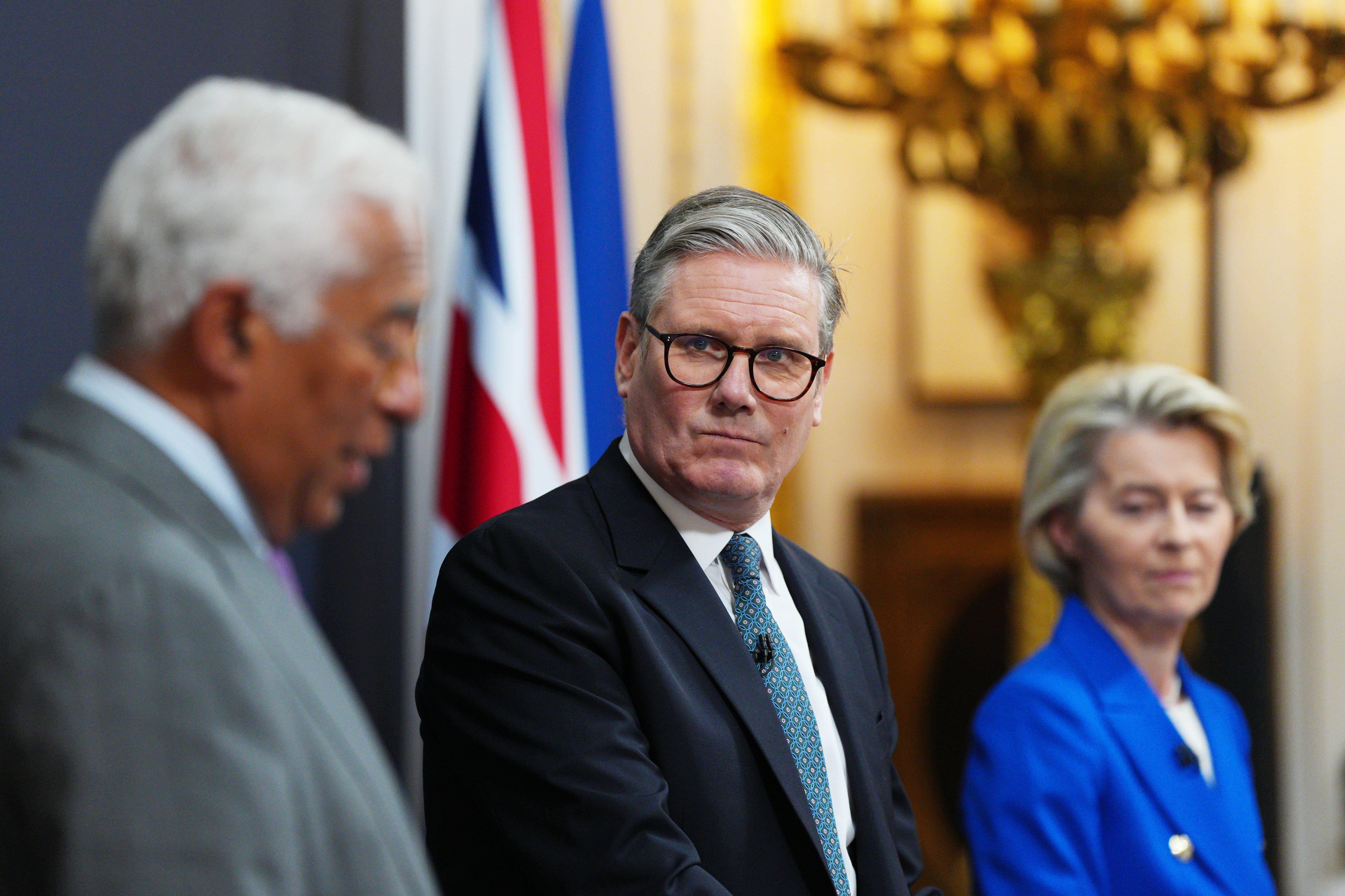 European Council president Antonio Costa (left), Sir Keir Starmer and president of the European Commission Ursula von der Leyen (Carl Court/PA)