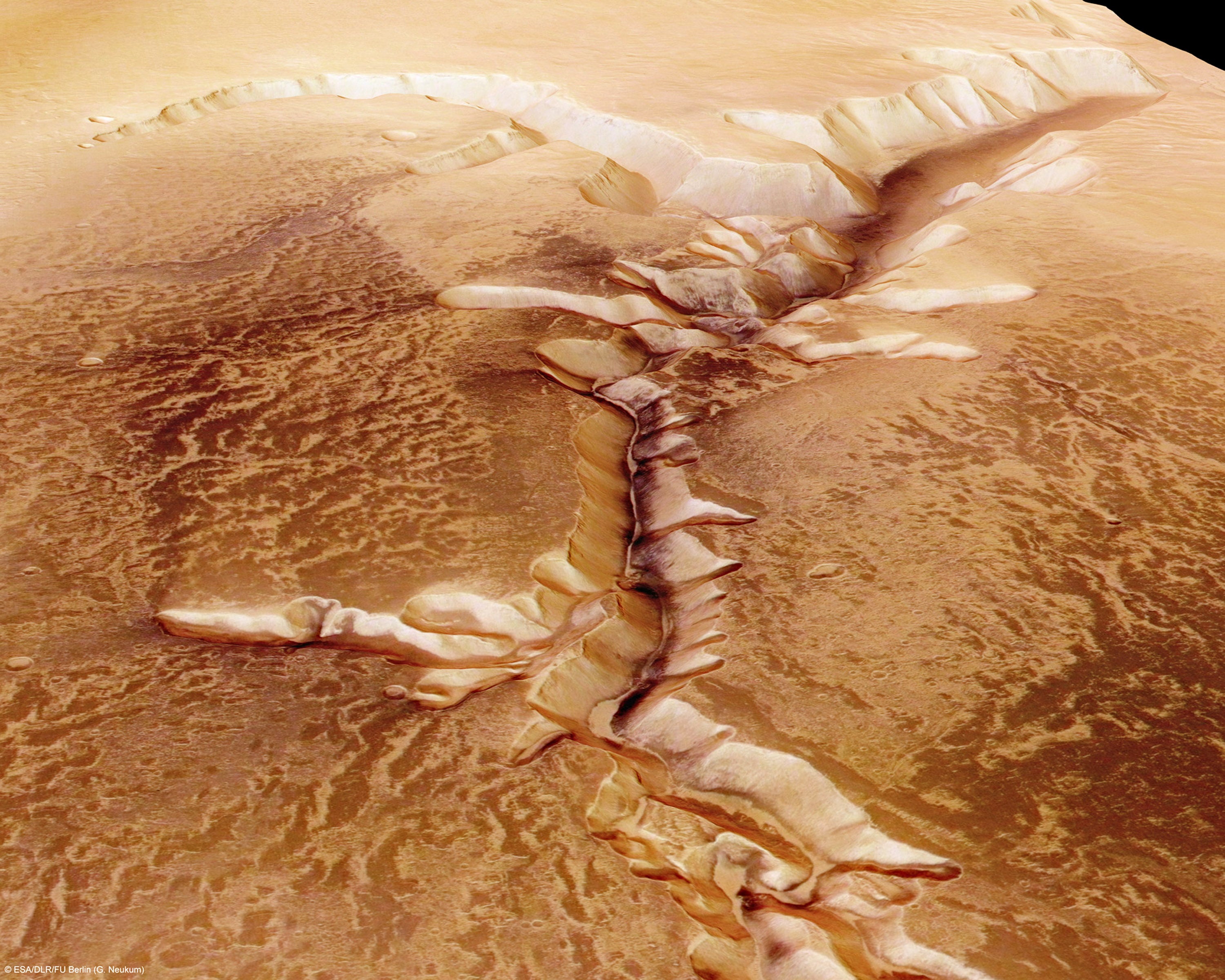 The Echus Chasma, one of the largest water source regions on Mars, is pictured from ESA's Mars Express