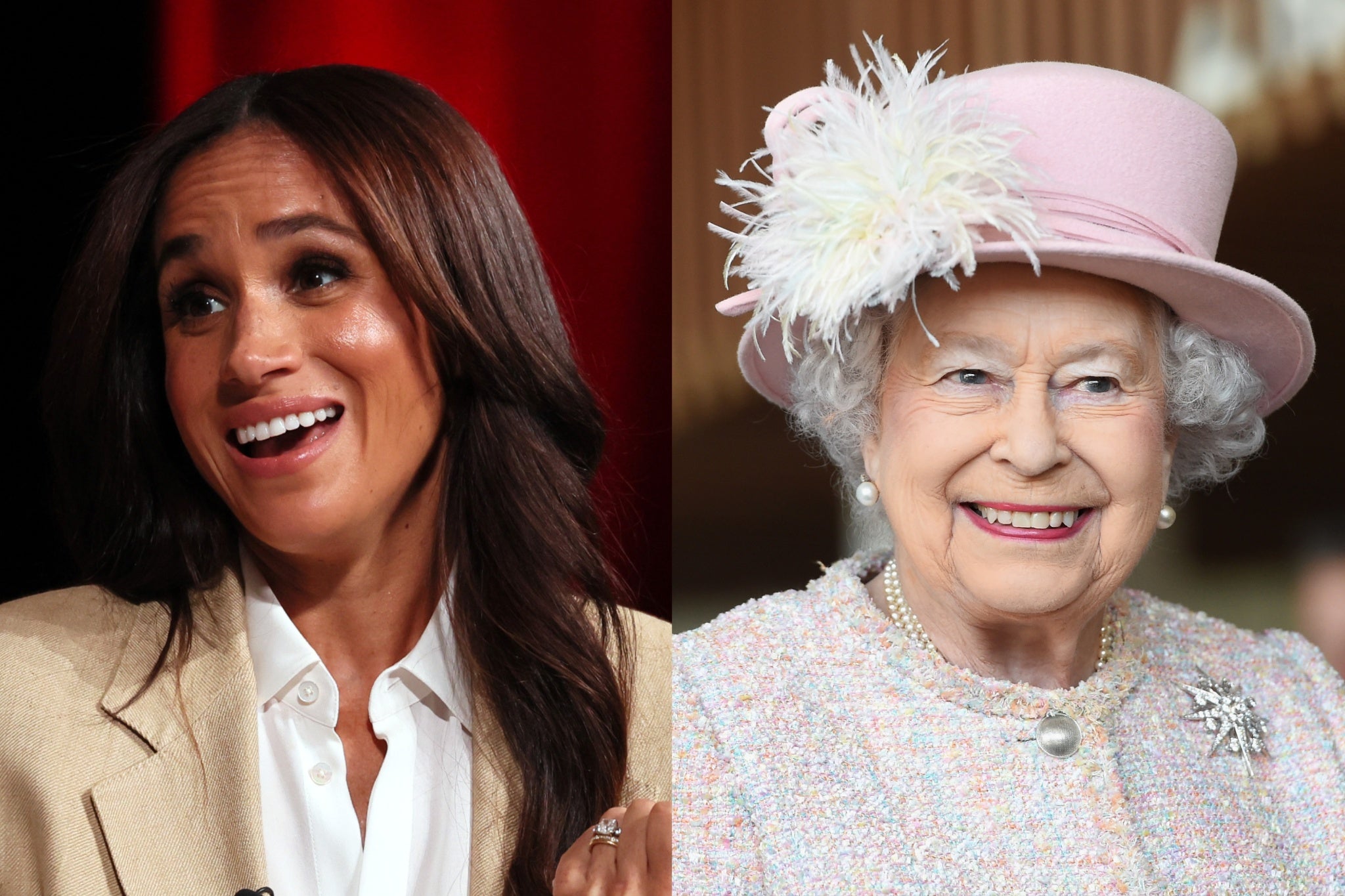 ‘Meghan, in this family we don’t speak to people like that,’ the late Queen (right) reportedly told Meghan