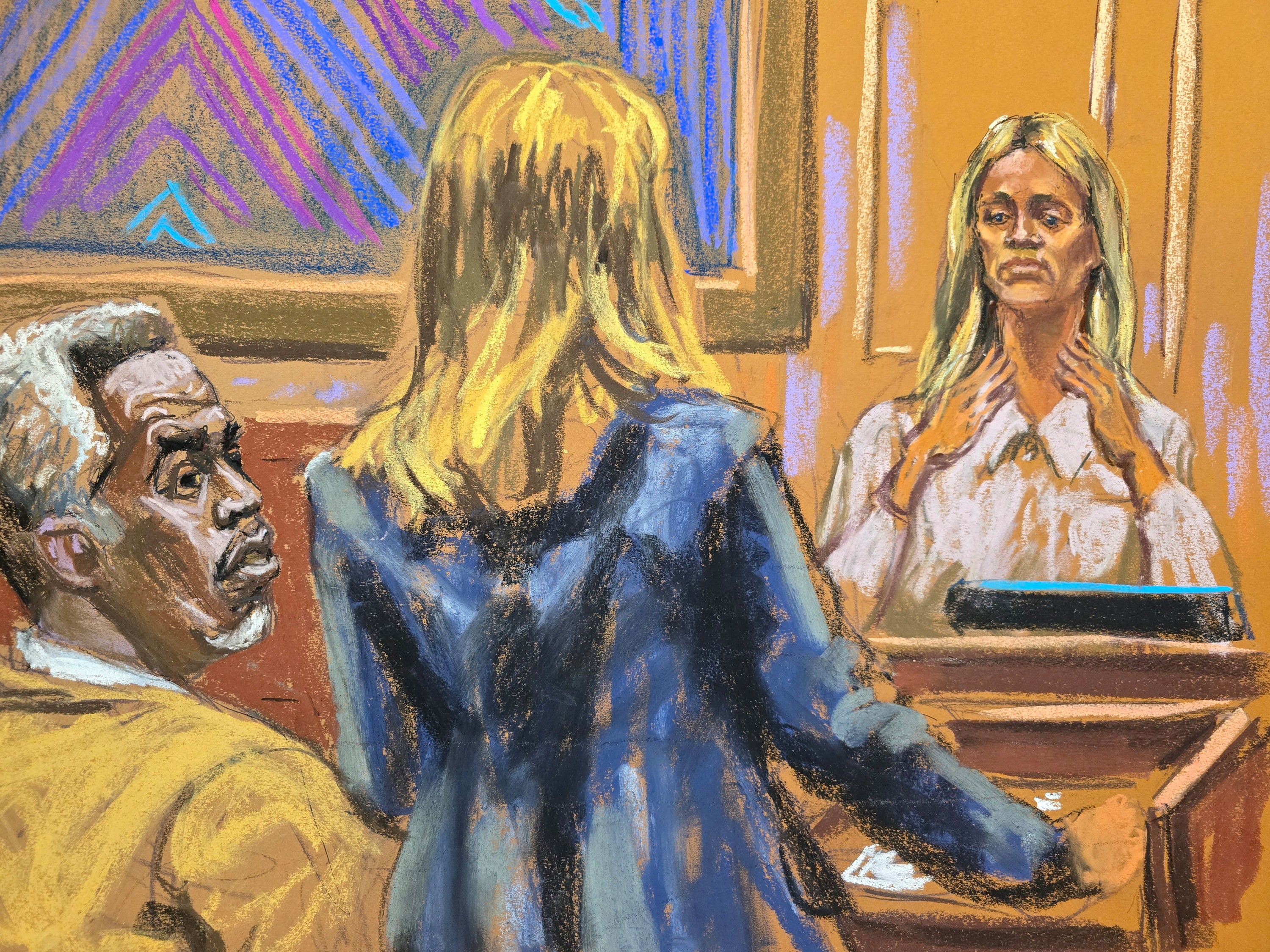 A courtroom sketch shows prosecutor Meredith Foster questioning Kerry Morgan as Sean 'Diddy' Combs watches on