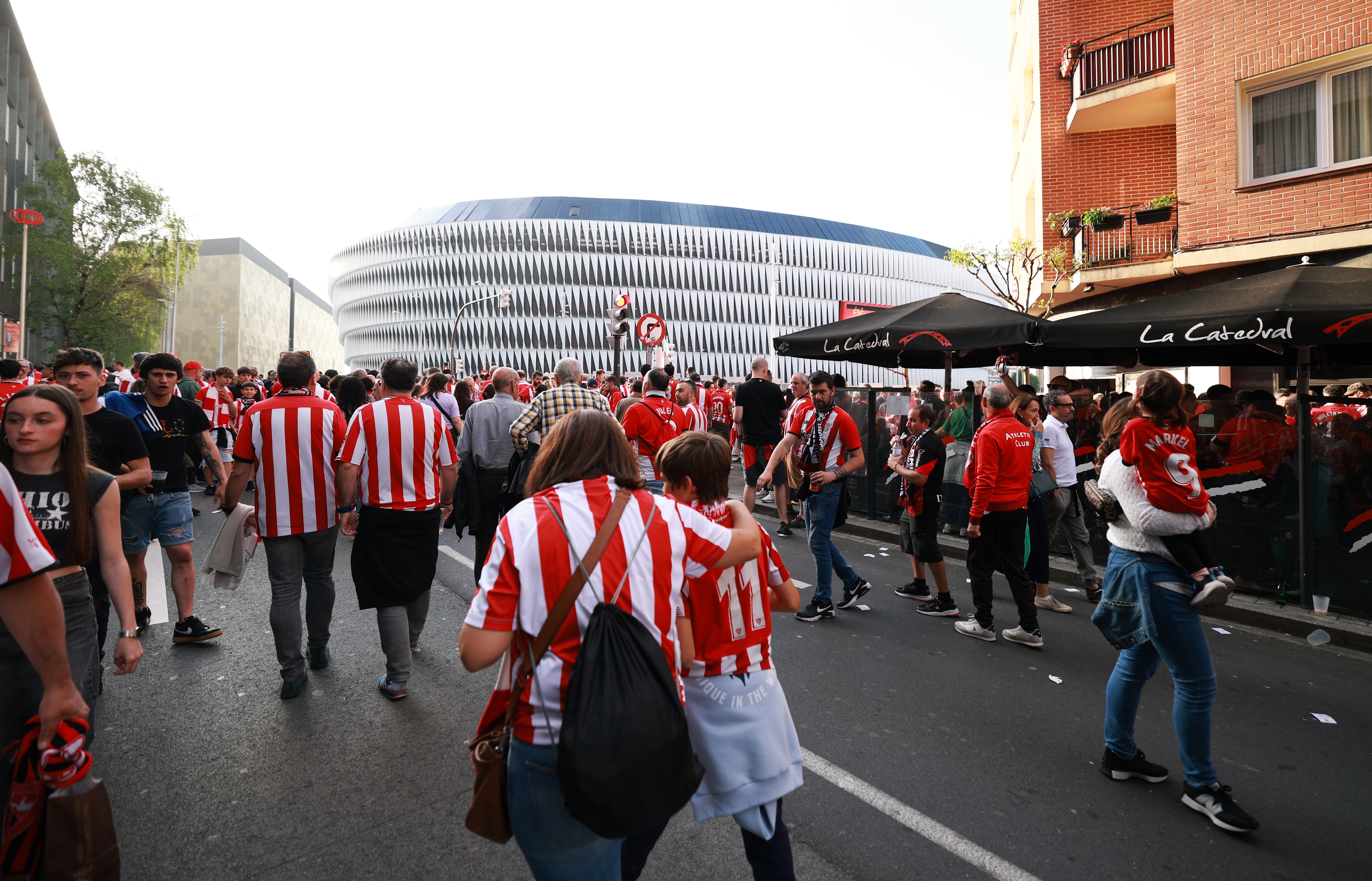 Fans gather outside the San Mames Stadium in Bilbao