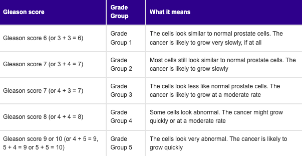 Doctors use a Gleason Scale to assess how quickly the cells are likely to grow or how aggressive they look
