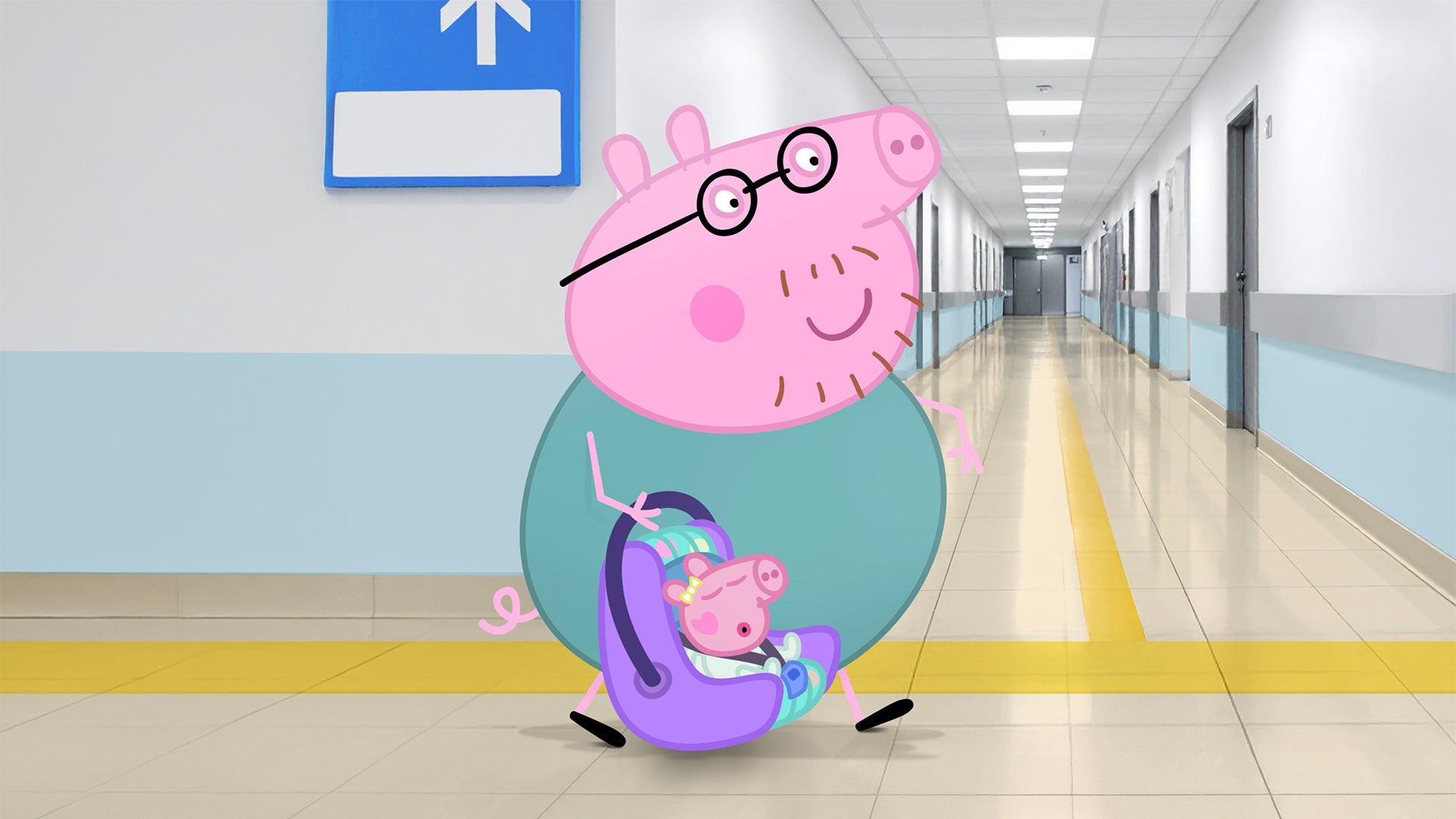Daddy Pig with the new sibling for Peppa Pig, Evie