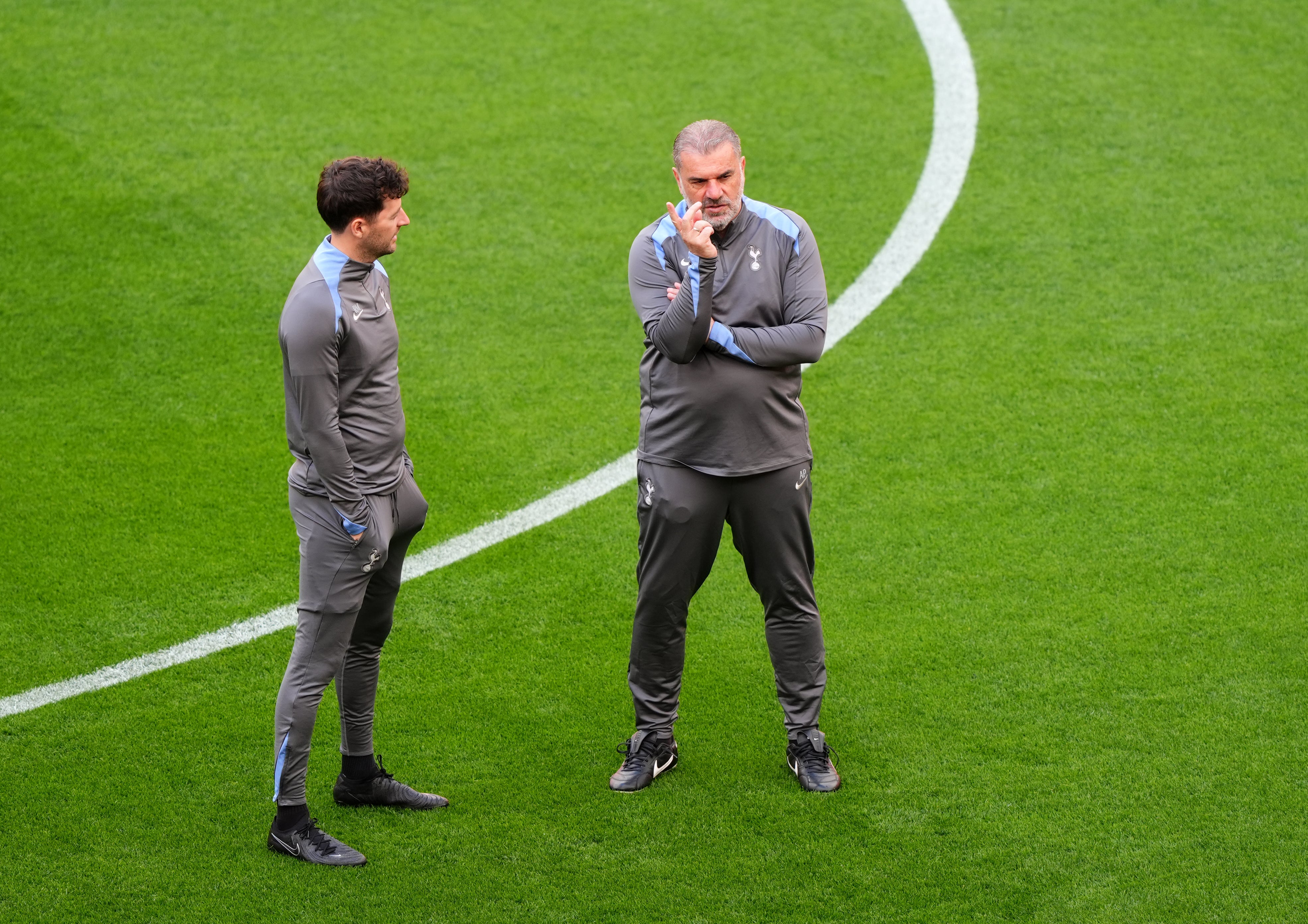 Tottenham Hotspur manager Ange Postecoglou during a training session at San Mames, Bilbao