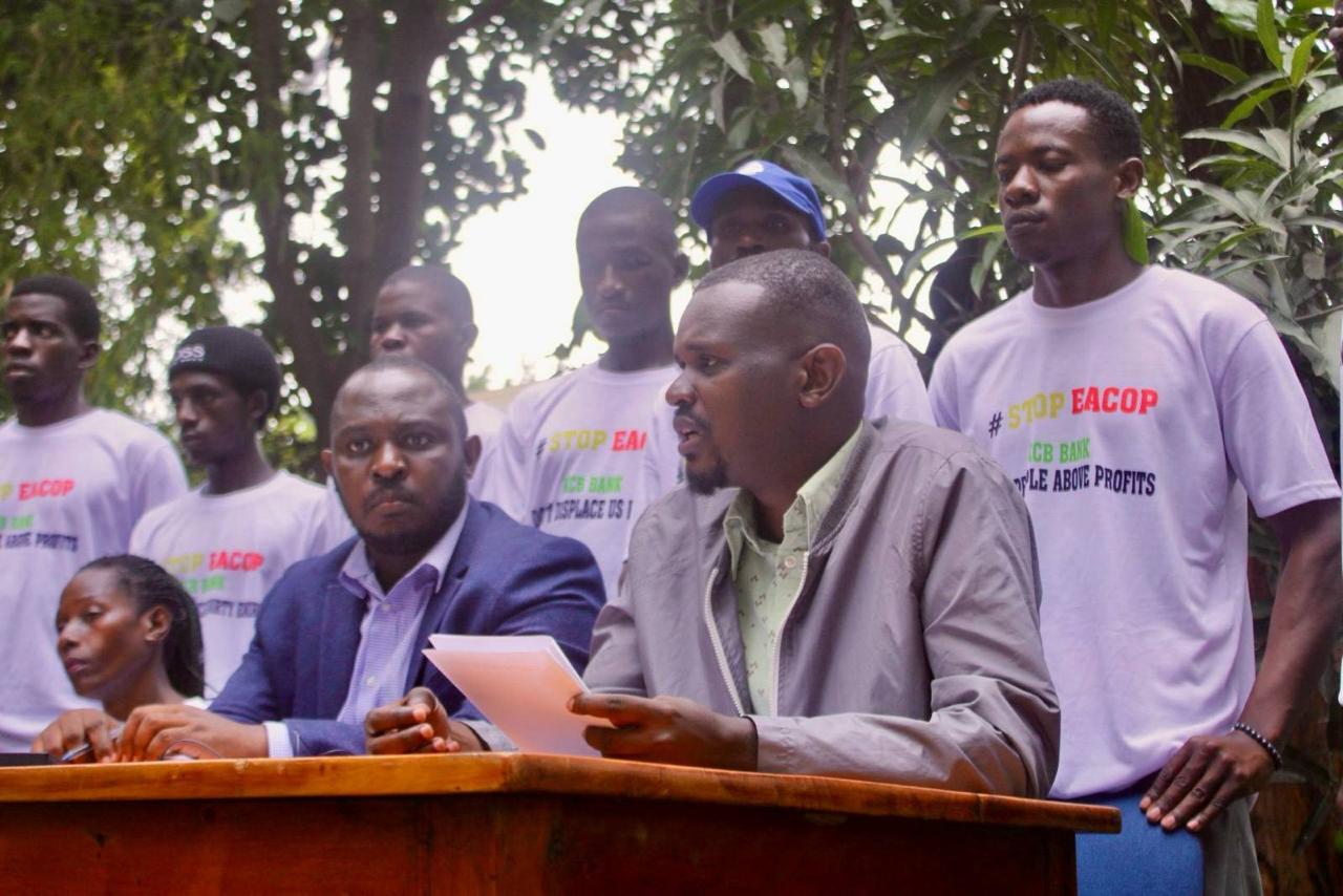 StopEACOP activists give a press statement moments before they went into the KCB Uganda headquarters on 23 April