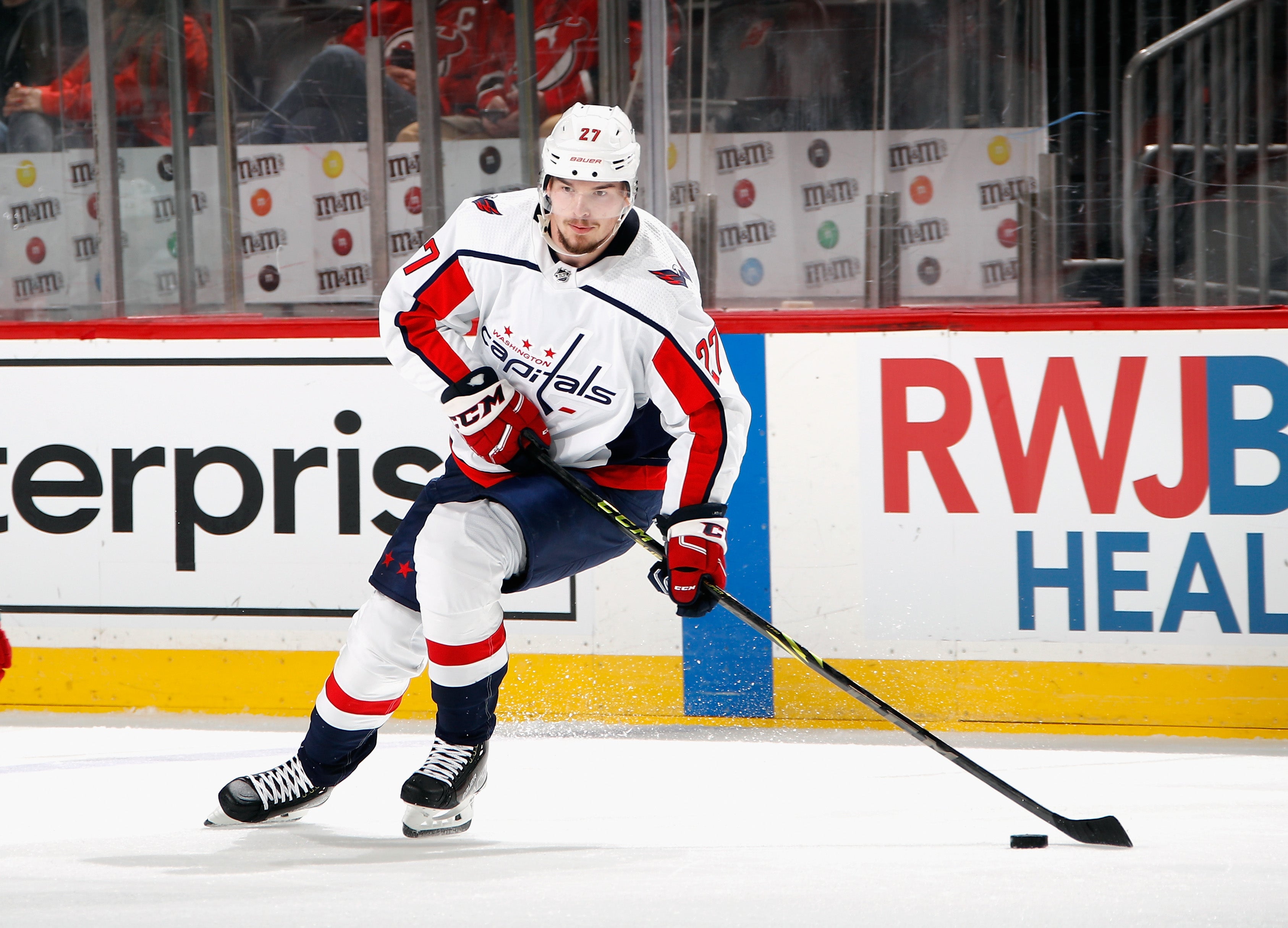 Alex Alexeyev #27 of the Washington Capitals skates against the New Jersey Devils in a preseason game at the Prudential Center on October 04, 2021 in Newark, New Jersey
