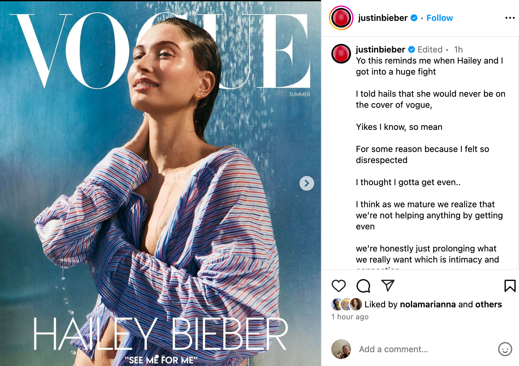Justin Bieber originally celebrated his wife's Vogue cover shoot in a vaguely insulting Instagram post
